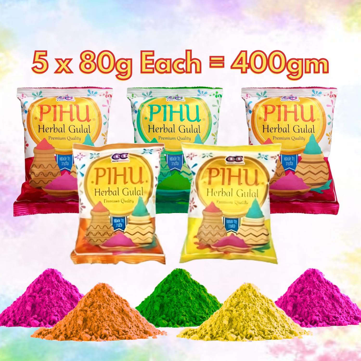 DRYPHON Herbal Gulal Holi Colors Pack of 5 Organic Holi Colours for Holi Celebration | Skin Friendly Natural Gulal for Holi | Non-Toxic, Chemical-Free, Vibrant Long-Lasting Colors 3