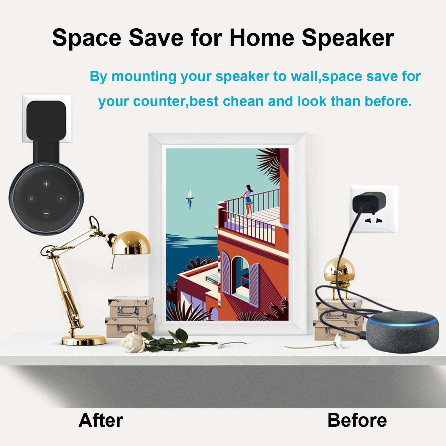 MTSmart Outlet Wall Mount Holder Stand for (3rd Gen) Smart Home Speaker, Clever Hide Both Adapter and Wires, Screwless, Space Save Accessories Hanger Bracket Case (Black, 1) 2