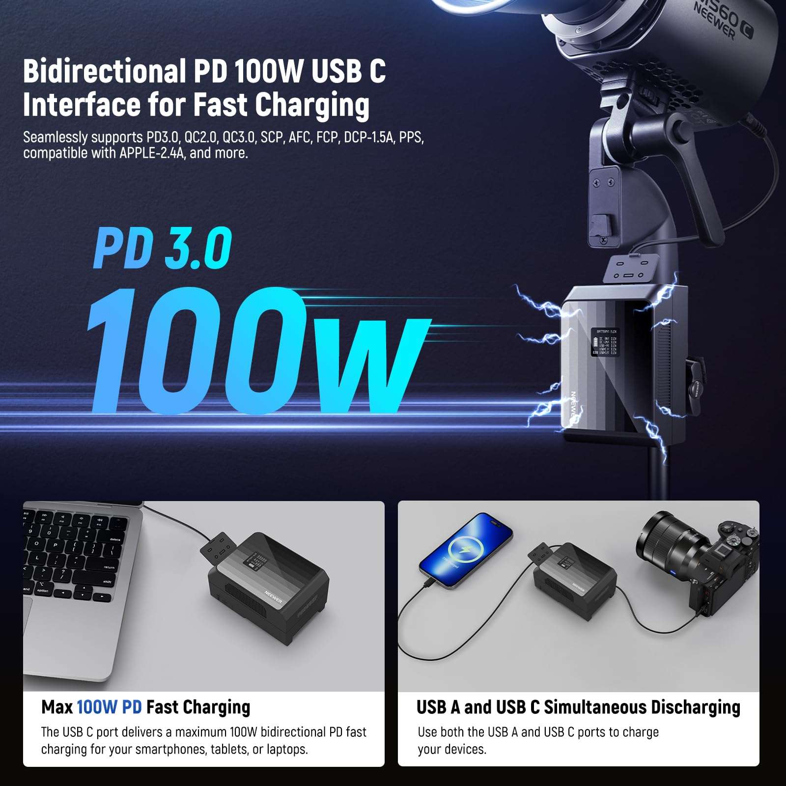 NEEWER Mini V Mount Battery PS099EP, 6800mAh 99Wh 14.5V V Lock Battery with 100W PD Fast Charging, Dual USB C/D Tap/BP/USB A/Dual DC Ports/OLED Screen, Mini V Mount Battery Plate Included 3