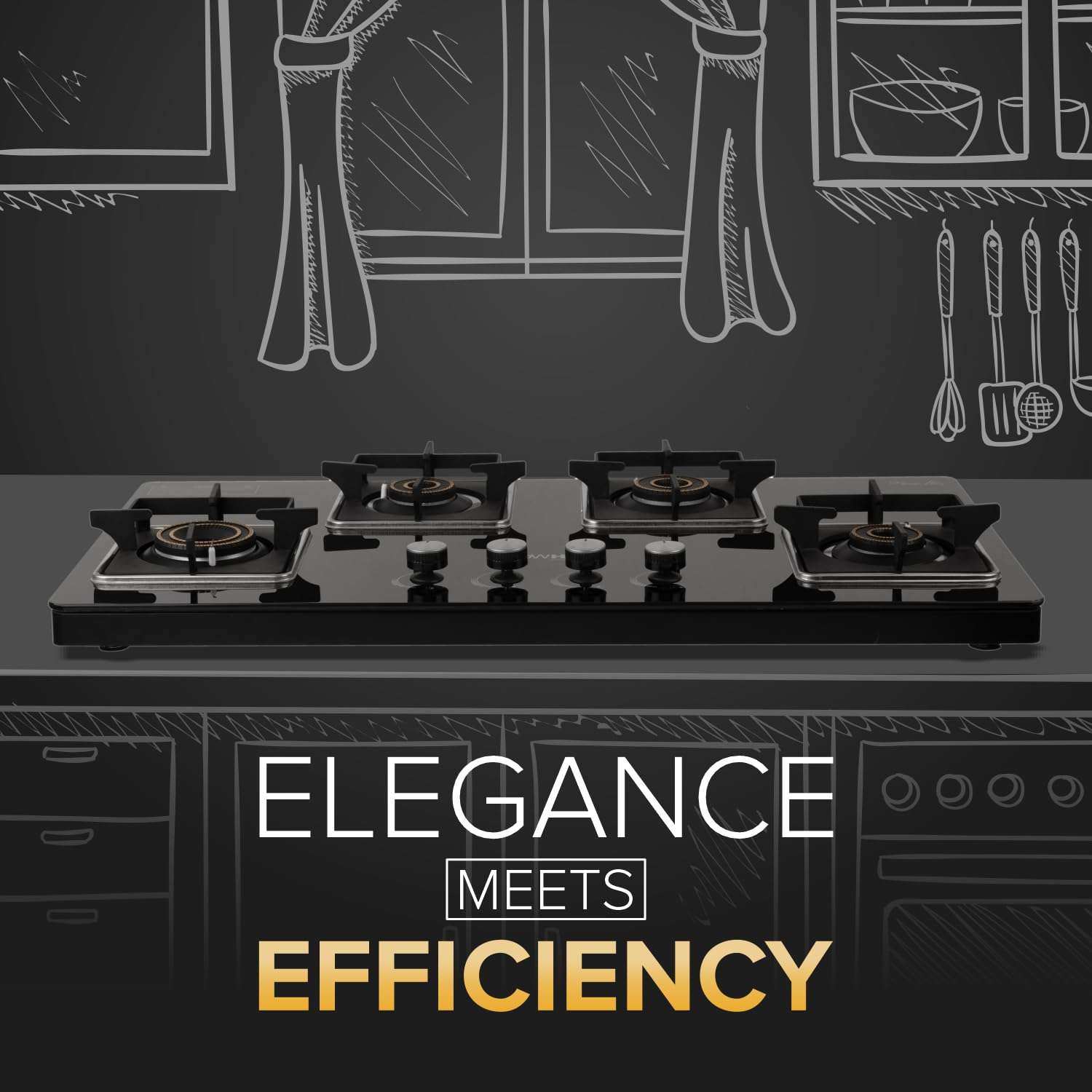 BLOWHOT Auto-Ignition Premium Hybrid Design Quartz 4 Burner Gas Stove, Hybrid Hob, Toughened Glass Top, SABAF Gas Valve, 2 Years Warranty on Burner, 5 Years Warranty By Blowhot on Glass & Gas Valve 5