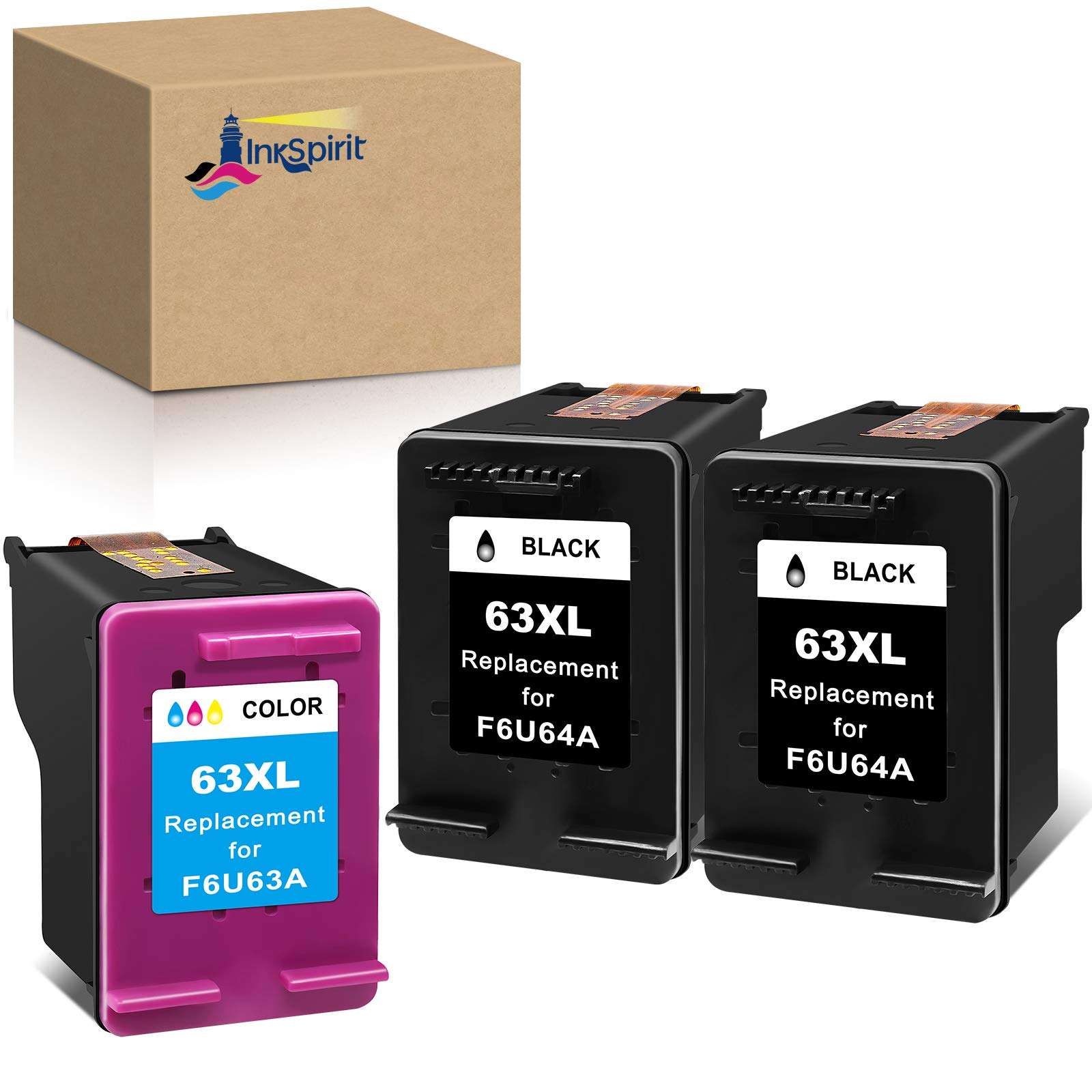 InkSpirit Remanufactured Ink Cartridge Replacement for HP 63XL 63 63 XL for OfficeJet 3830 5252 4650 5258 4655 4652 5255 Envy 4520 3634 DeskJet 3636 1111 3630 1112 3637 Printer, (2 Black, 1 Color) 1
