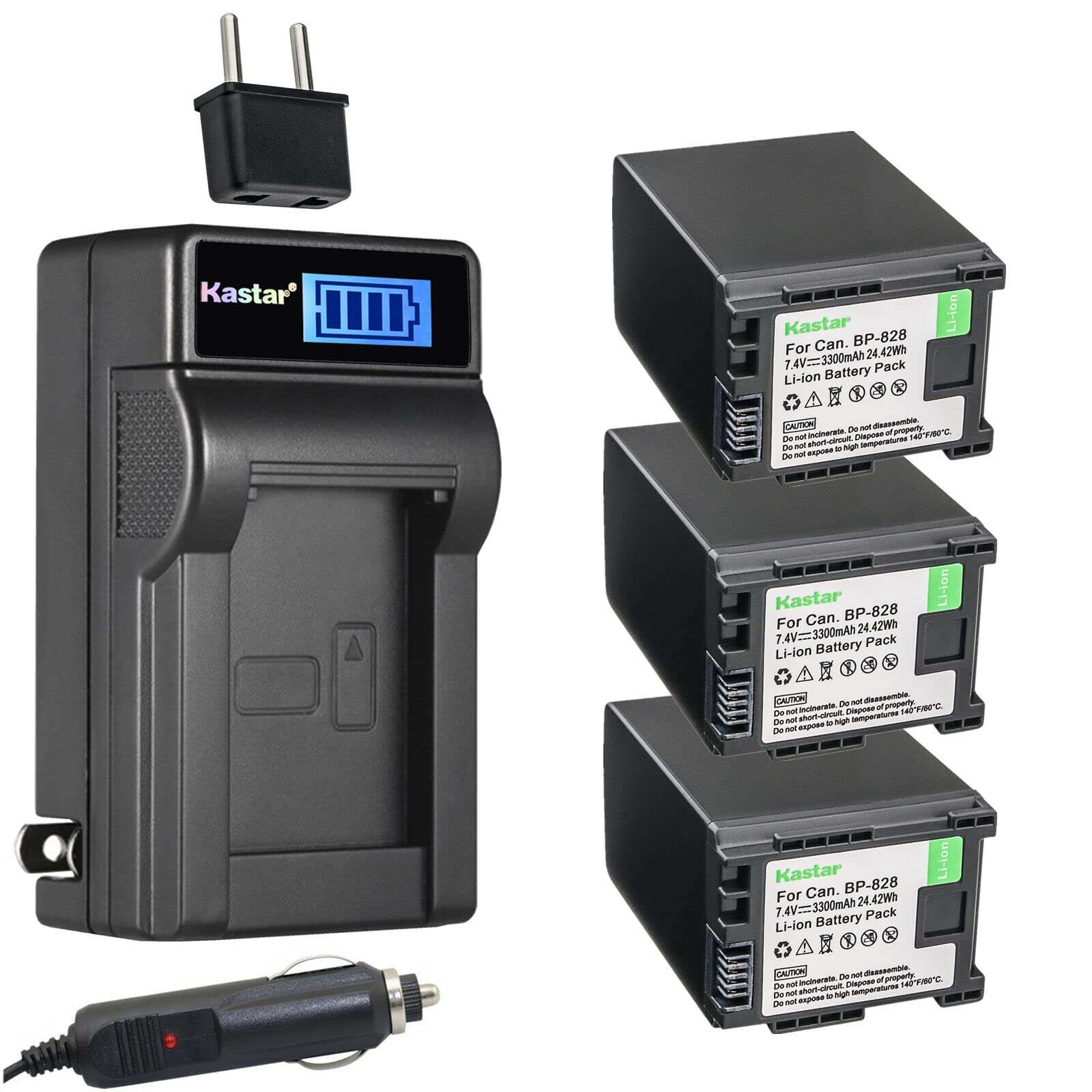 Kastar 3-Pack BP-828 Battery and LCD AC Charger Compatible with Canon BP-820 BP820, BP-828 BP828 Battery, Canon VIXIA HF G50 UHD 4K, VIXIA HF G60, VIXIA GX10, XA35, XA40, XA45, XA50, XA55 Cameras 1