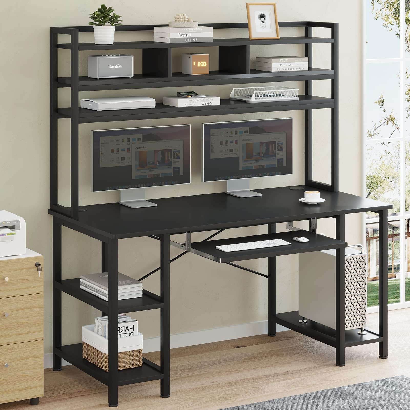 SEDETA Gaming Computer Desk , 55" Desk with LED Lights and Hutch , Storage Shelves , Keyboard Tray & Monitor Stand , Home Office Gamer PC Table , Black 3