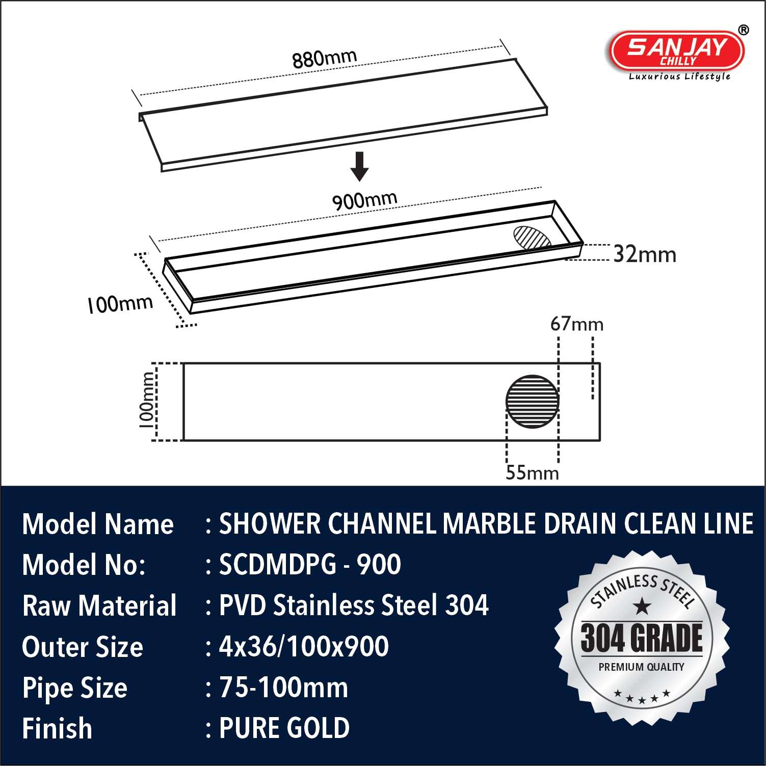 SANJAY CHILLY Stainless Steel Shower Channel Marble Drainer 304 Grade Bathroom Gratings Colour Collection 21MM Tile Insert Floor Drain Strainer with Cockroach Trap (Side Hole - Pure Gold 36x4 INCH) 3