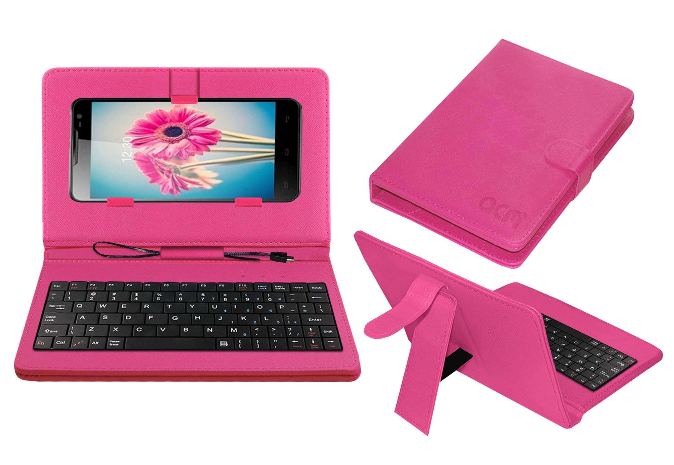 ACM Keyboard Case Compatible with Lava Iris 504q Mobile Flip Cover Stand Plug & Play Device for Study & Gaming Pink