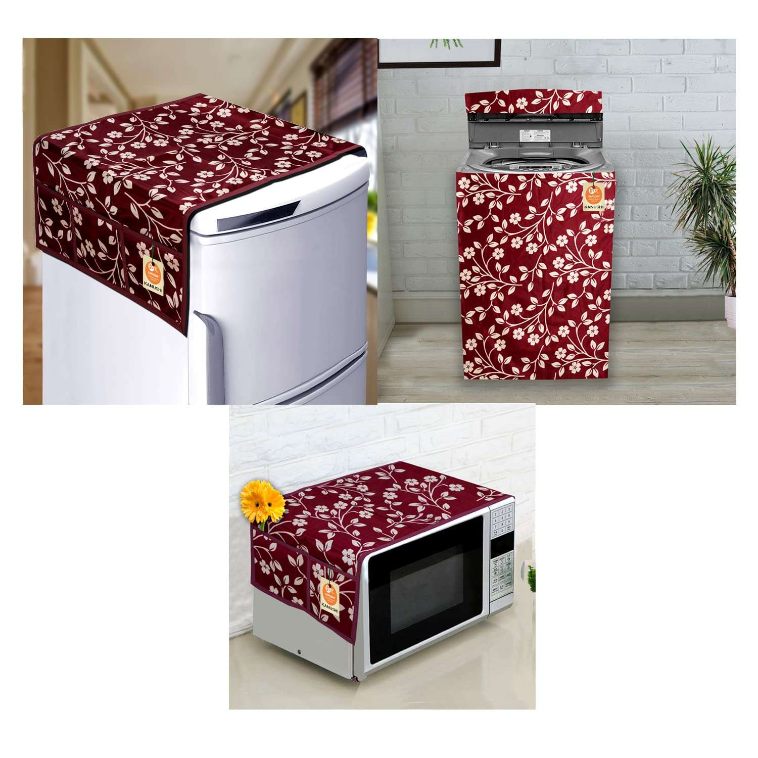 KANUSHI Industries® Top Load Fully Automatic Washing Machine Cover + 1 Pc Fridge/Refrigerator Top Cover + 1 Pc Microwave/Oven Top Cover (Copy-FRI+Micro+W.M-Fully-Maroon-Raj) 1