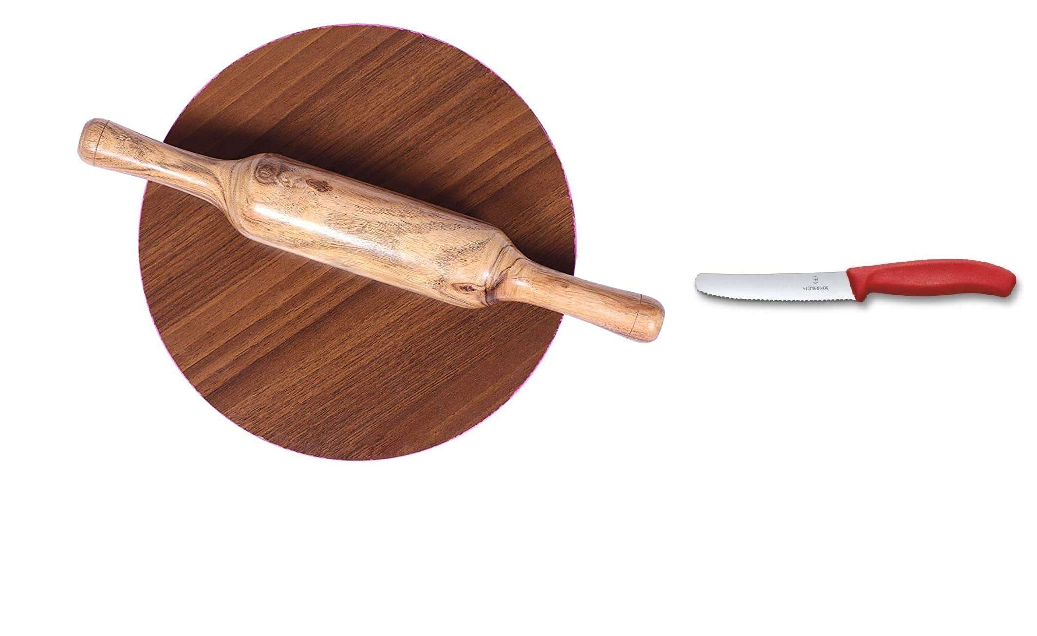 Mamta Creations Roti Roller/Chakla Belan/Rolling Pin Board/Roti Maker/Phulka Maker/Chakla with small steel knife Kitchen knives |Wooden Belan, 9 in |Pack of 2 ( White Chakla belan+ Knife) 1
