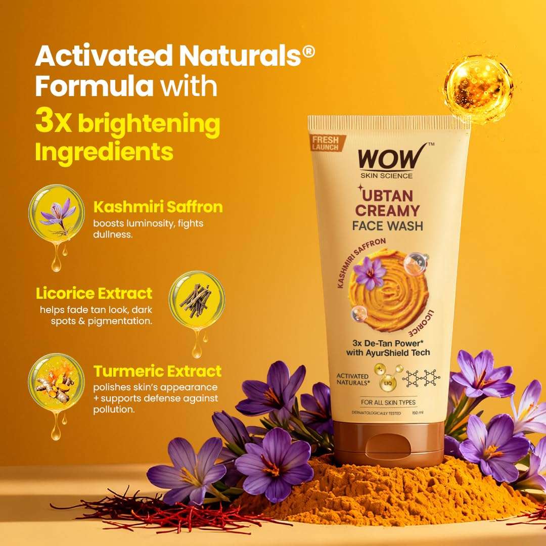 WOW Skin Science Ubtan Creamy Face Wash 150 ML for Men & Women | Facewash with Kashmiri Saffron & Liquorice | 3X Detan Power with AyurShield™ Tech | Brightening Cleanser for Radiant Glow | Sulphate-Free | Pack of 2 3