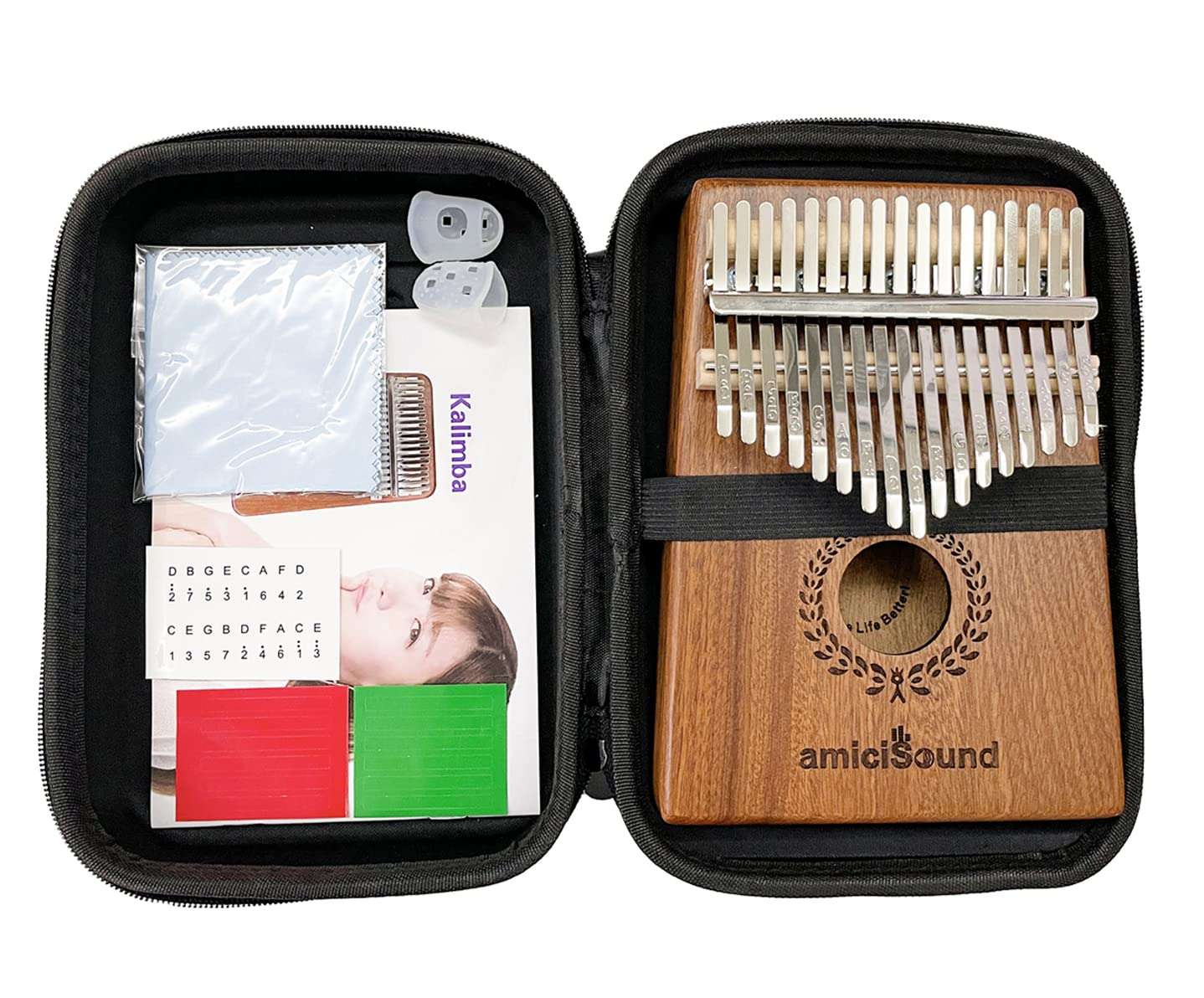 amiciSound Thumb Piano 17 Keys Musical Instrument Kalimba with Engraved Notes, Tuning Hammer and Protective Carry Bag 1