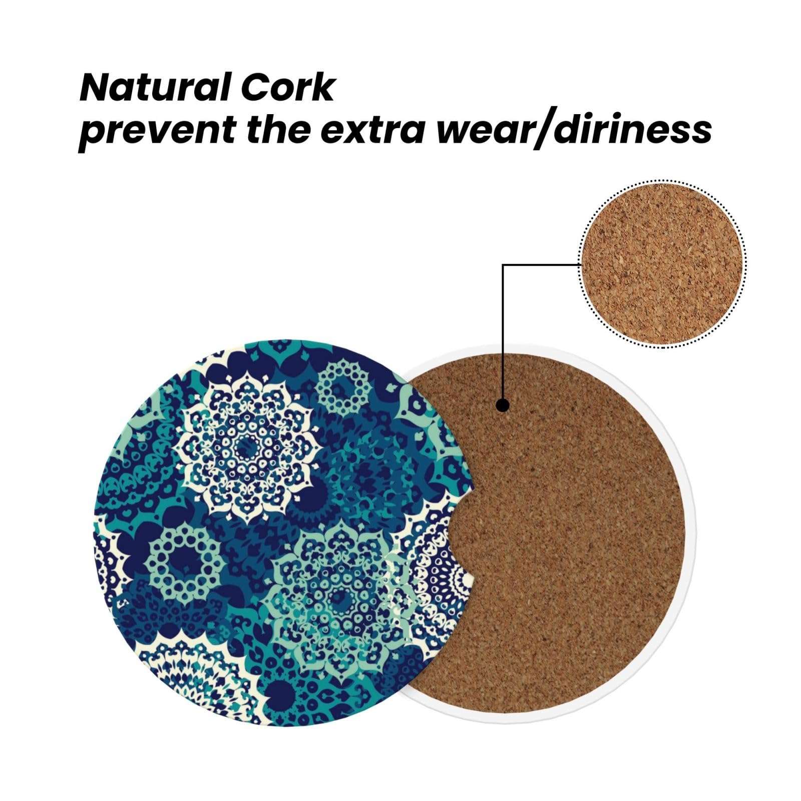 Xiso Ver Bohemian Mandala Car Cup Coasters 2 Pack Ceramic Cup Holders 2.56" Cork Base Drink Coasters with Finger Notch for Easy Move of Car Cup Holder 6