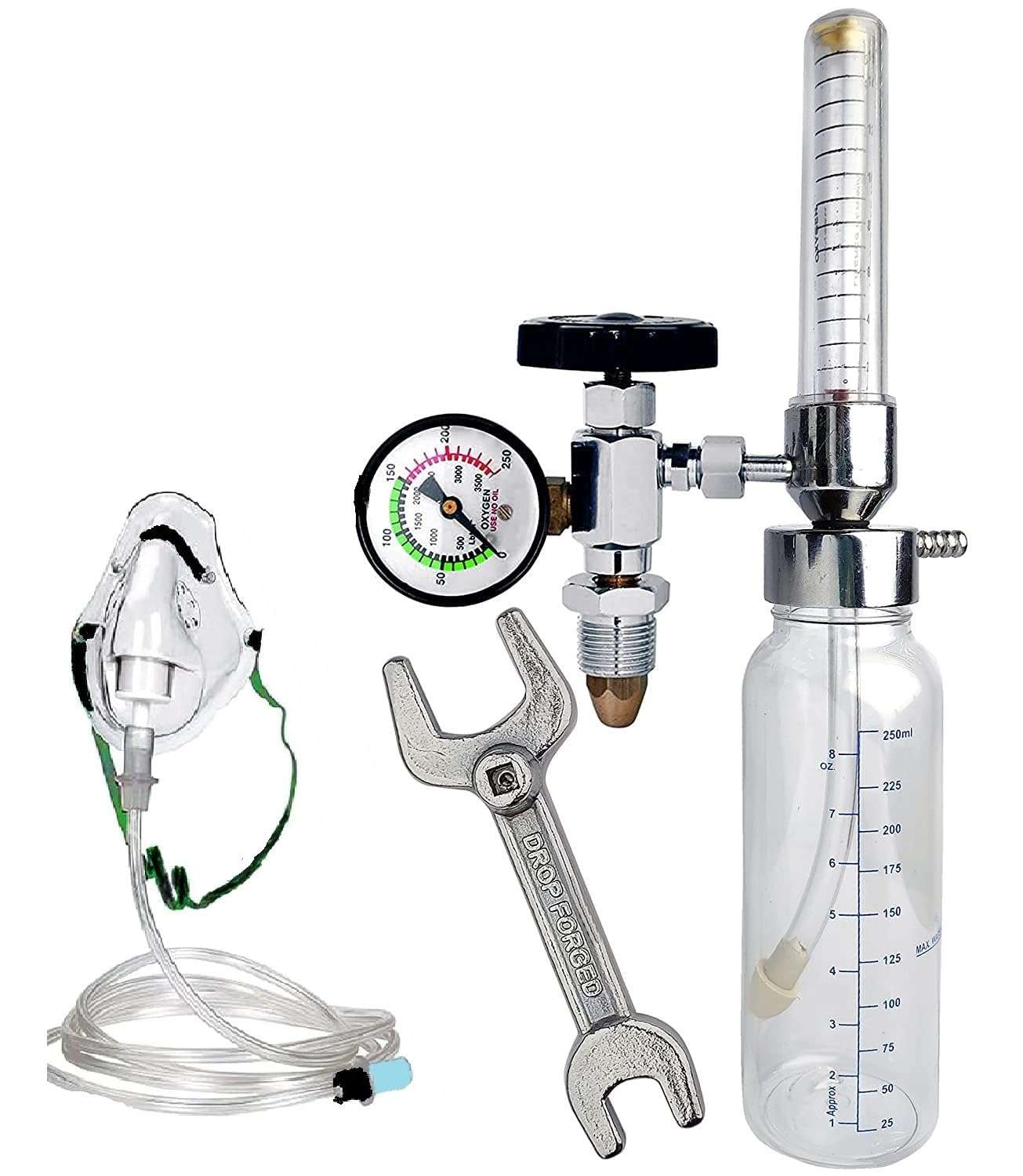 HOSPIGUARD Oxygen Flowmeter for Cylinder with Rotameter & Humidifier Bottle with Oxygen Cylinder Key & Adult Oxygen Mask 1