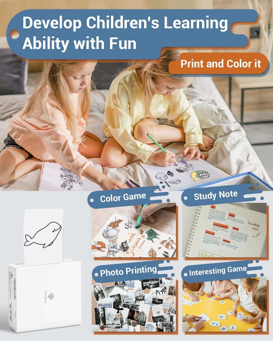 ZORBES® Mini Pocket Printer M02 Mini Bluetooth Wireless Thermal Printer with 1 Roll Print Paper Compatible with iOS & Android, Black & White Mini Photo Printer for Sticker, Notes, Memo, Photo, White 2