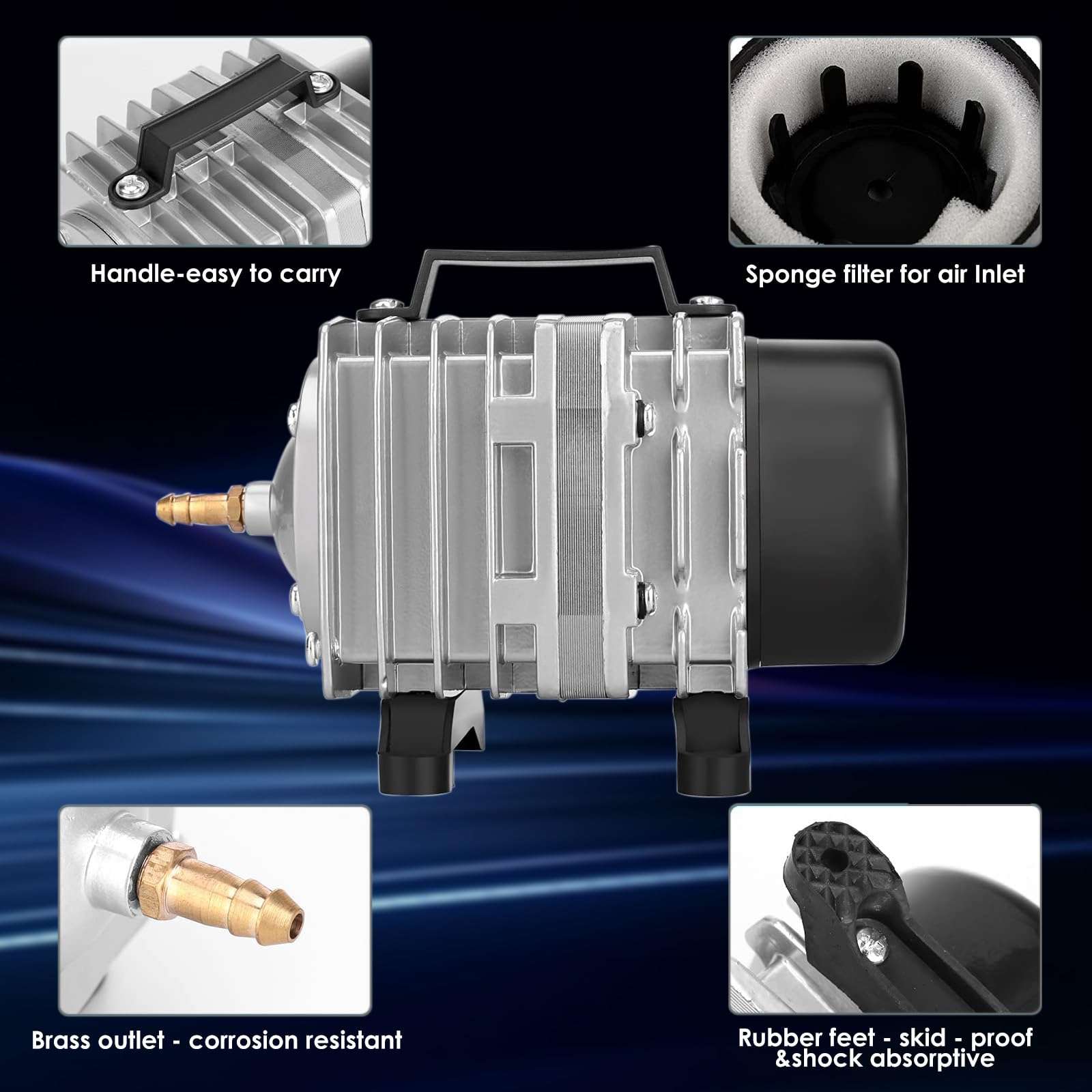 FUMAK Aquarium Air Pump with Aluminum Housing, Commercial Air Pump with 6-Outlet Air Manifold, Pond Aerator Fish Tank Bubbler for Aquarium, Pond, Hydroponics (650GPH-20W) 4