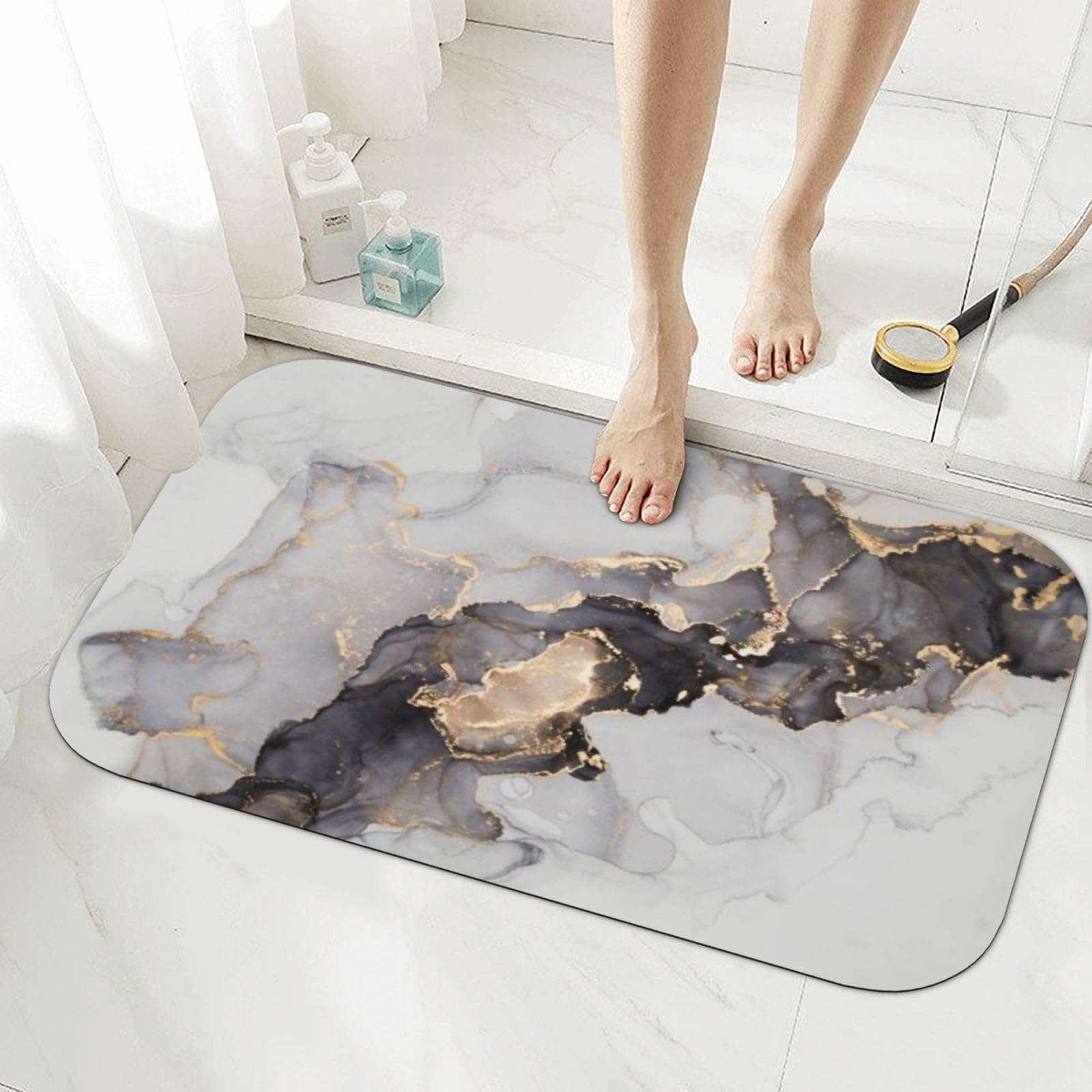 ATZGWUI Marble Diatomaceous Earth Bath Mat, Luxury Abstract Fluid Super Absorbent Floor Mat, Quick Dry Rubber Backed Dirt Bathroom Rugs for Shower Sink Bathtub 24" x 16" 4