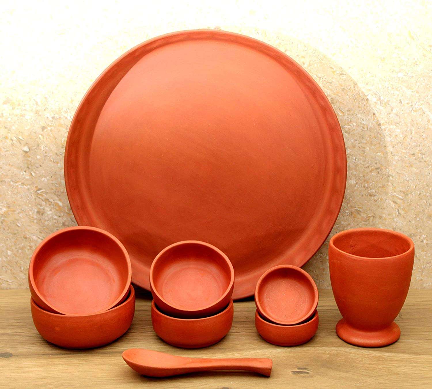 THE HIMALAYA CRAFT Clay Dinner Set with Serving, Spoon, Bowls and Glass Diner Set Pack of 9 5