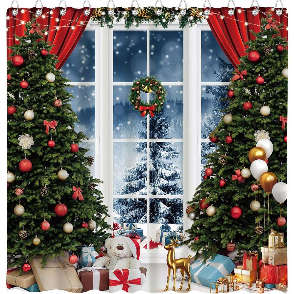 TOKTILIKT 72 x 72 Inches Christmas Tree Shower Curtain White Window Xmas Gifts Pine Snowy Bathroom Decoration Polyester Fabric Home Bathtubs Supplies 5