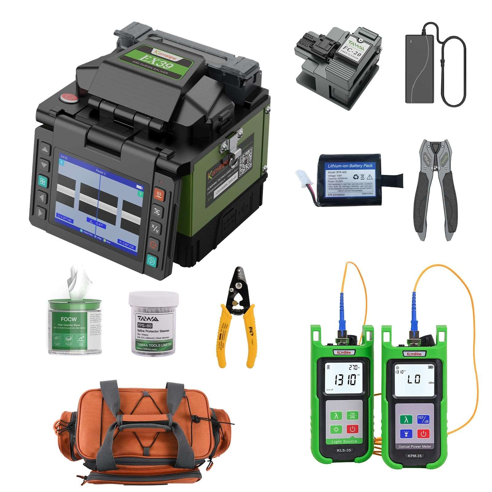 Komshine Optical Fusion Splicer EX39 FTTH Mini Fiber Fusion Splicer Machine Kit 8s Fast Splicing Fast-Heating 18s with Fiber Cleaver FC-30 + KPM-35-70+10dBm + 7 Wavelengths + KLS-35-S 1310 1550nm 1
