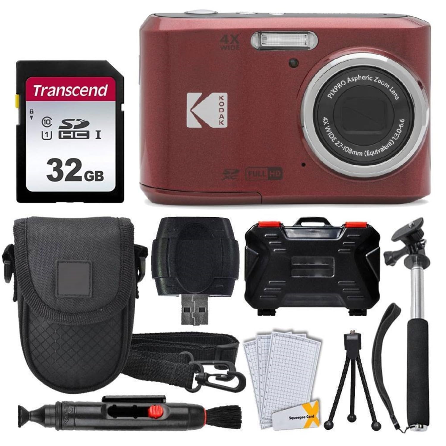 Kodak PIXPRO FZ45 Digital Camera + 32GB Memory Card + Point and Shoot Camera Case + Extendable Monopod + Lens Cleaning Pen + LCD Screen Protectors + Table Top Tripod Ultimate Bundle (Red)