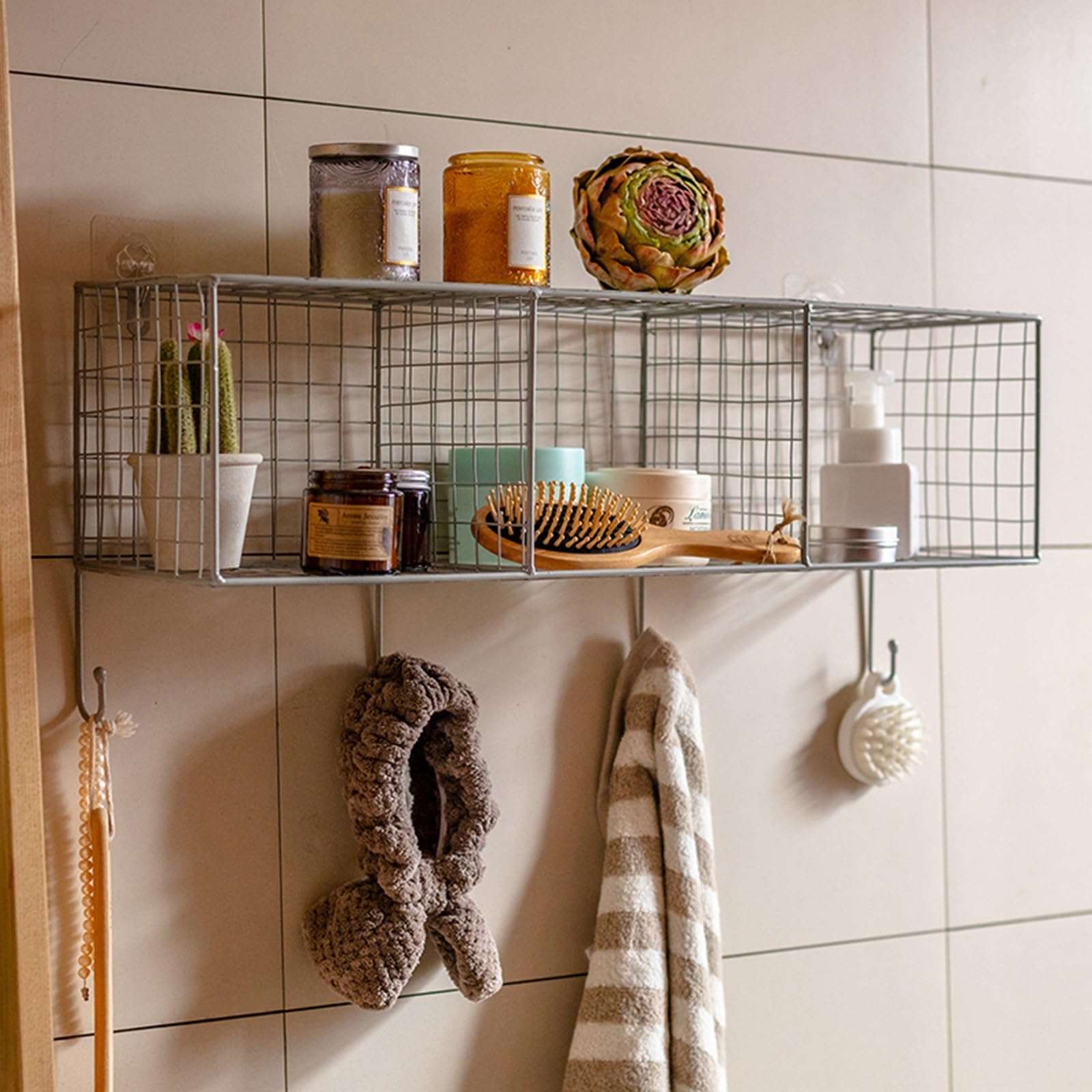 Wall Grid Hanging Basket with 4 Hooks, Wire Basket Gardening Tools Organizer, Industrial Display Shelf for Kitchen, Bathroom, Garden, Living Room 4