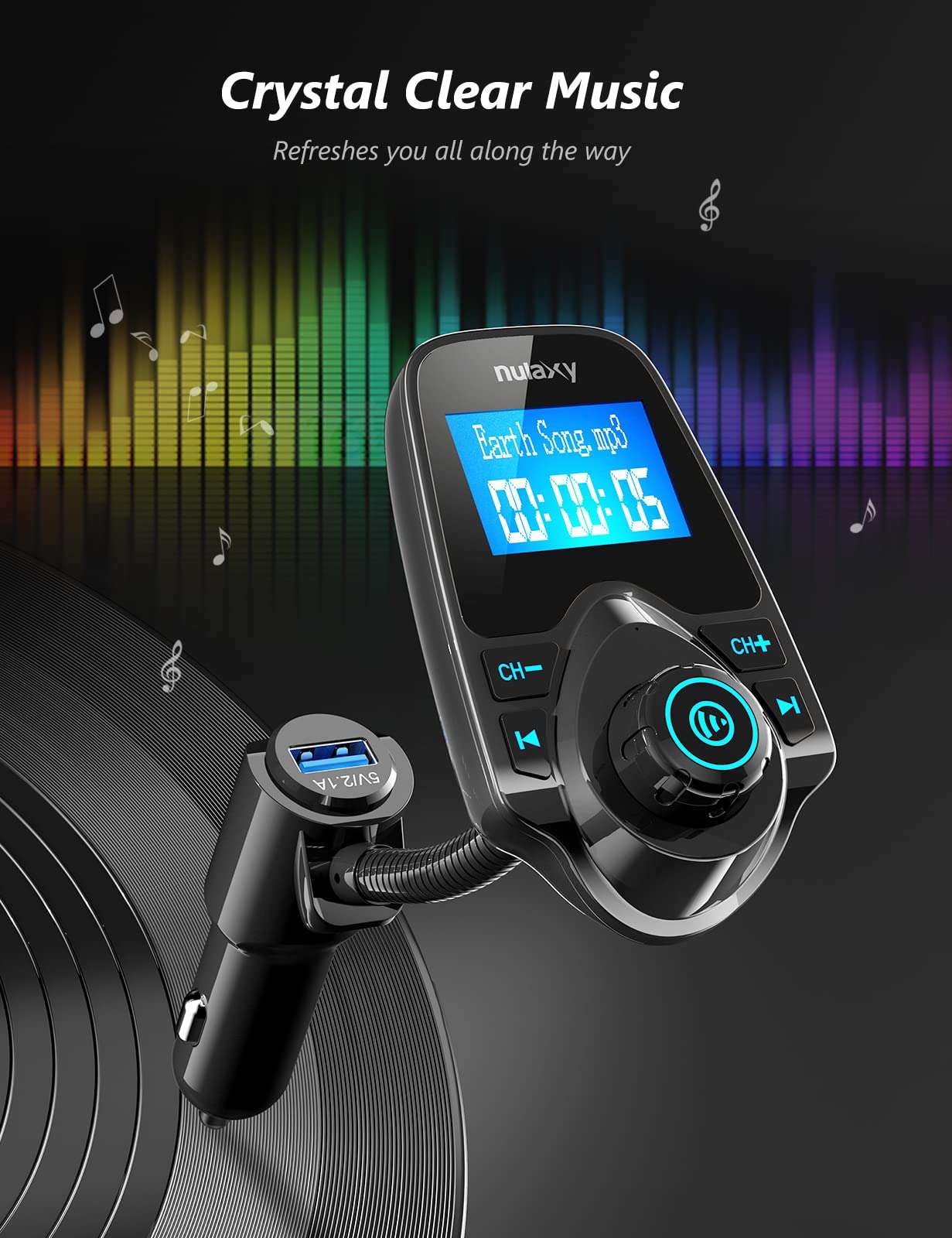 Nulaxy Car Bluetooth FM Transmitter [2024 Upgraded], 1.44" Display Flexible Gooseneck, Handsfree Call Wireless Music Stereo Audio Player Radio Adapter Car Kit USB Phone Charger, TF SD Card AUX-KM18 5