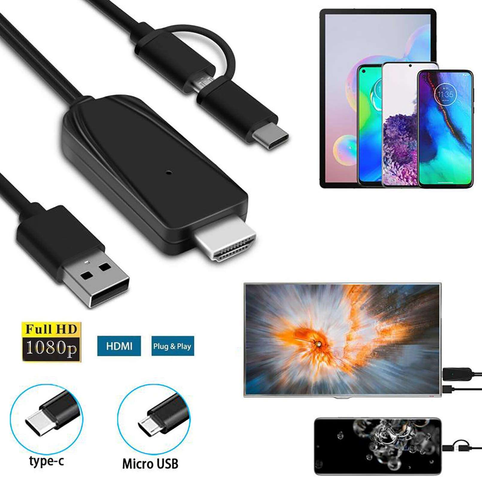 2-in-1 USB Type C/Micro USB MHL to HDMI Cable Adapter 1080P HD HDTV Mirroring &Charging Cable 6ft Converter for Android Smartphones Digital AV Video Mirroring Phone to TV/Projector/Monitor 5