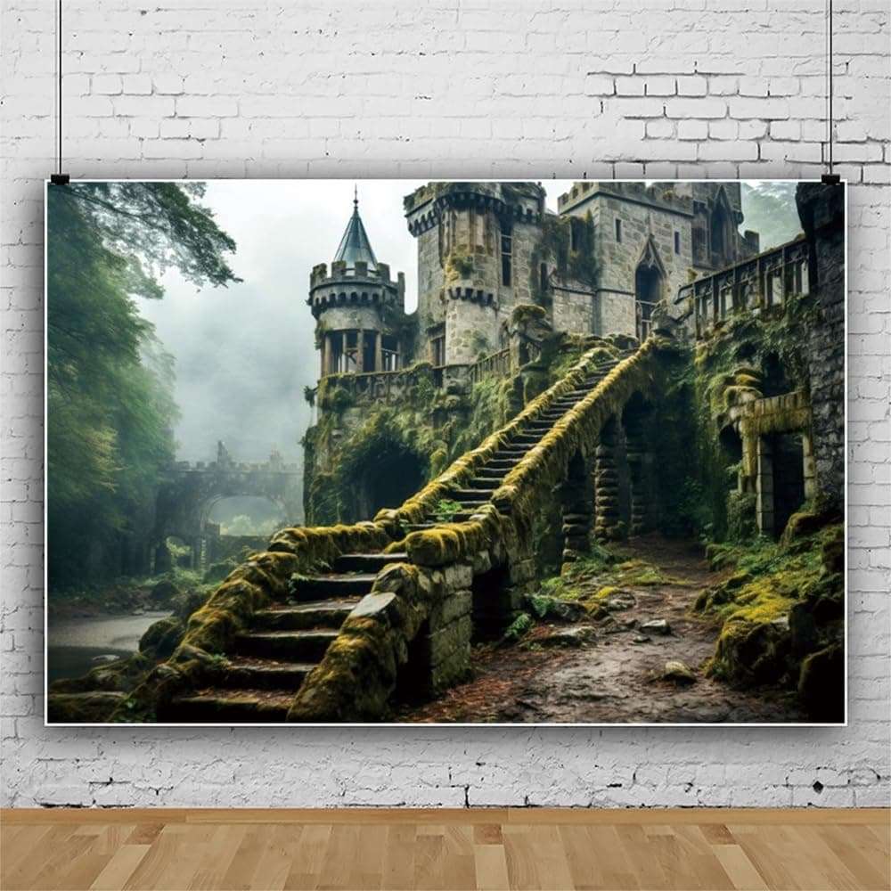 ChloropLastid 10x8ft Enchanted Castle Backdrop Medieval Forest Vintage Smoky Green Jungle Trees Meadow Magic Mysterious Photography Background Adventure Camping Drama Show Party Decor 3