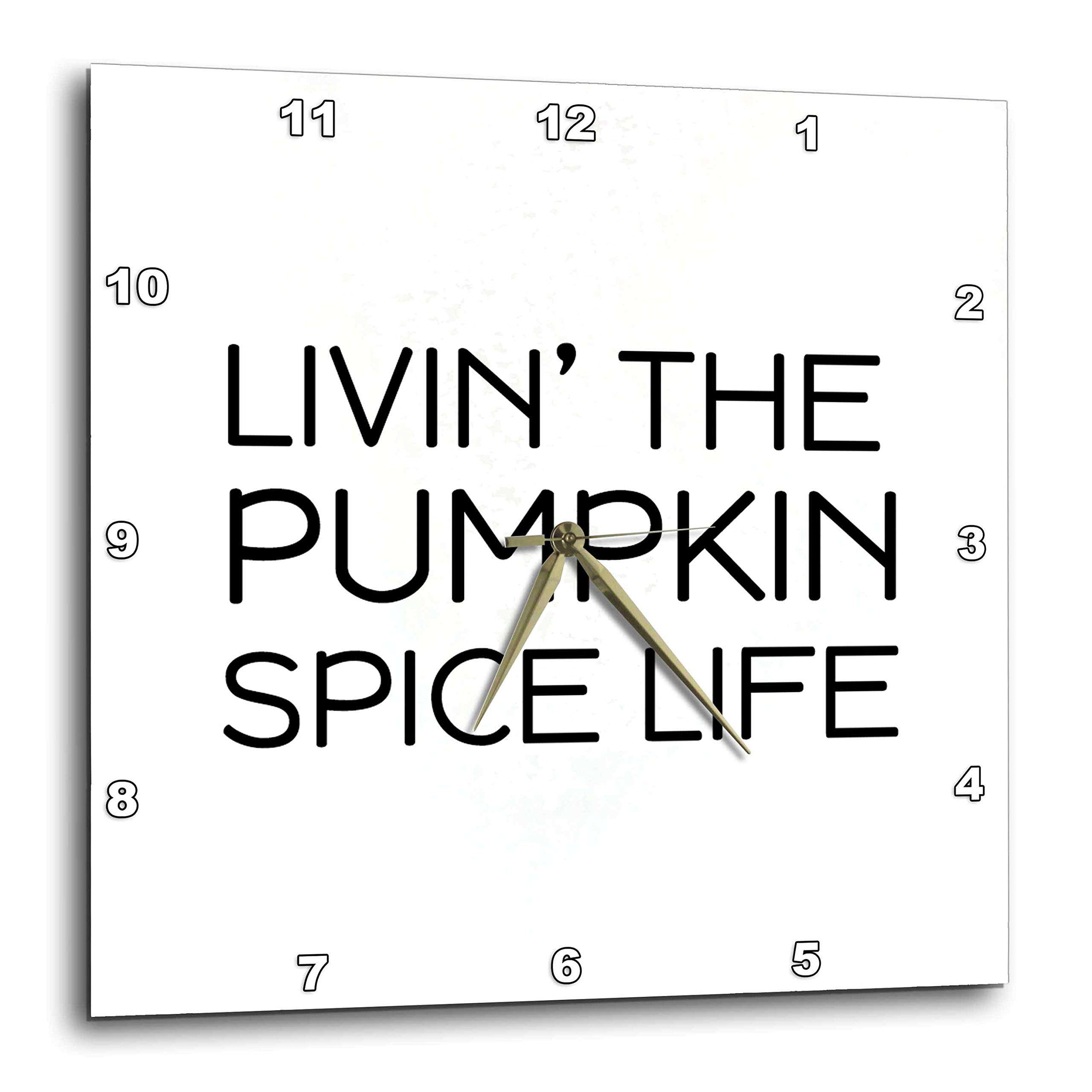 3dRose Wall Clock Silent - 13 inch - Livin The Pumpkin Spice Life. Black Lettering on White Background. - Stamp City - Typography