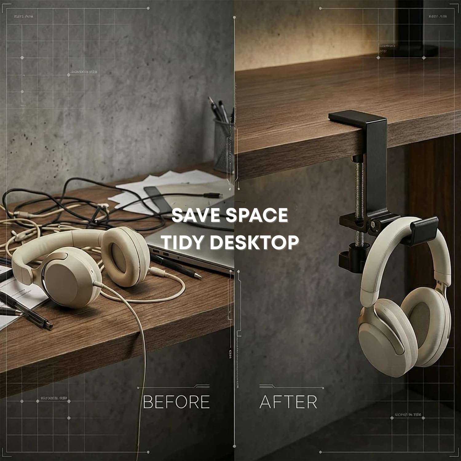 JAKO Headphone Stand for Desk, Aluminum Alloy Foldable Headphone Holder - Headset Stand Hook Mount, PC Gaming Headset Holder Under Desk Clamp for Office, Computer, Student Class Table, Handmade Table 4