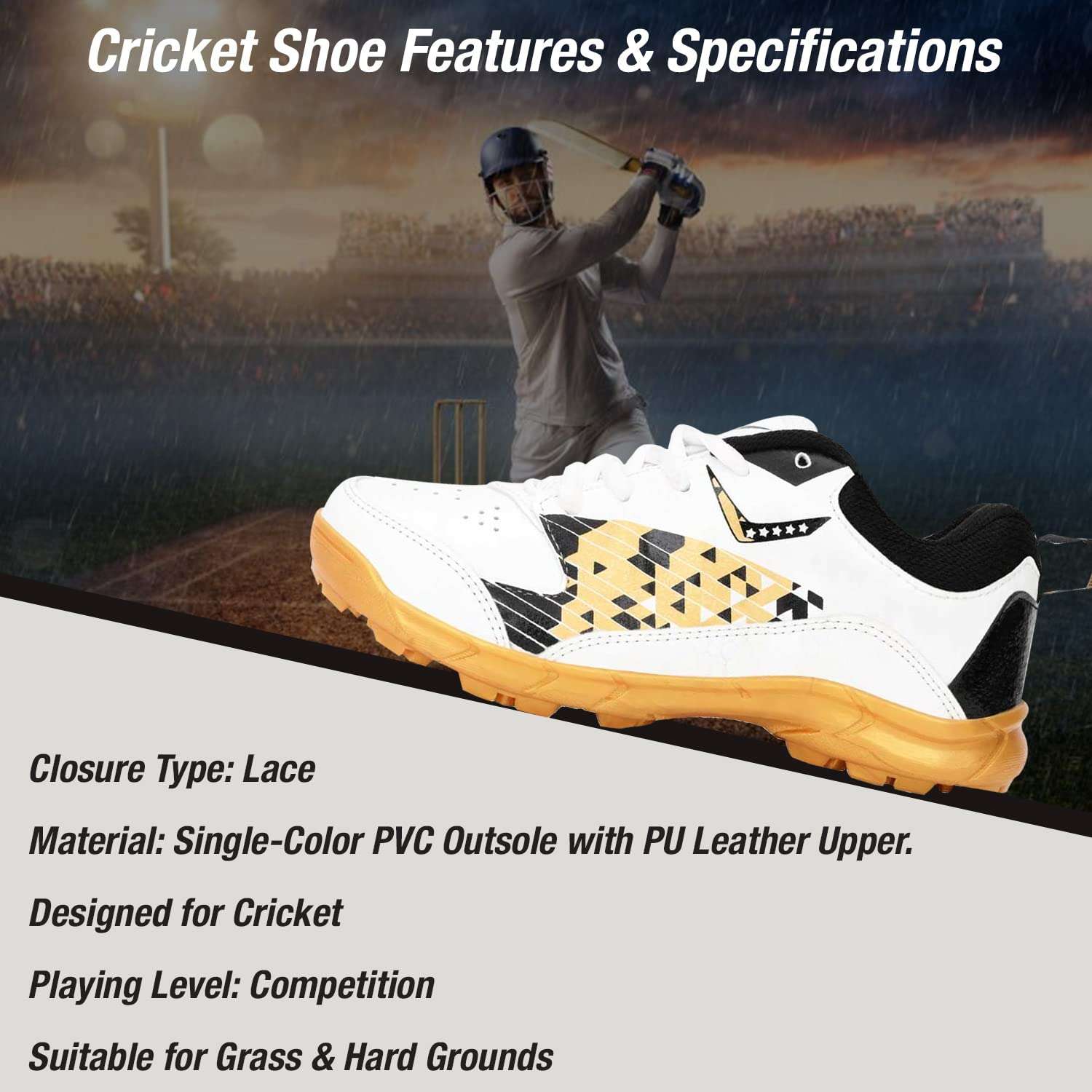 Vicky Transform Player Cricket Shoes Lightweight Sneakers with Anti Slip Sole Design Ideal for Running, Camping, Gyming (UK-8, Golden/White) 5