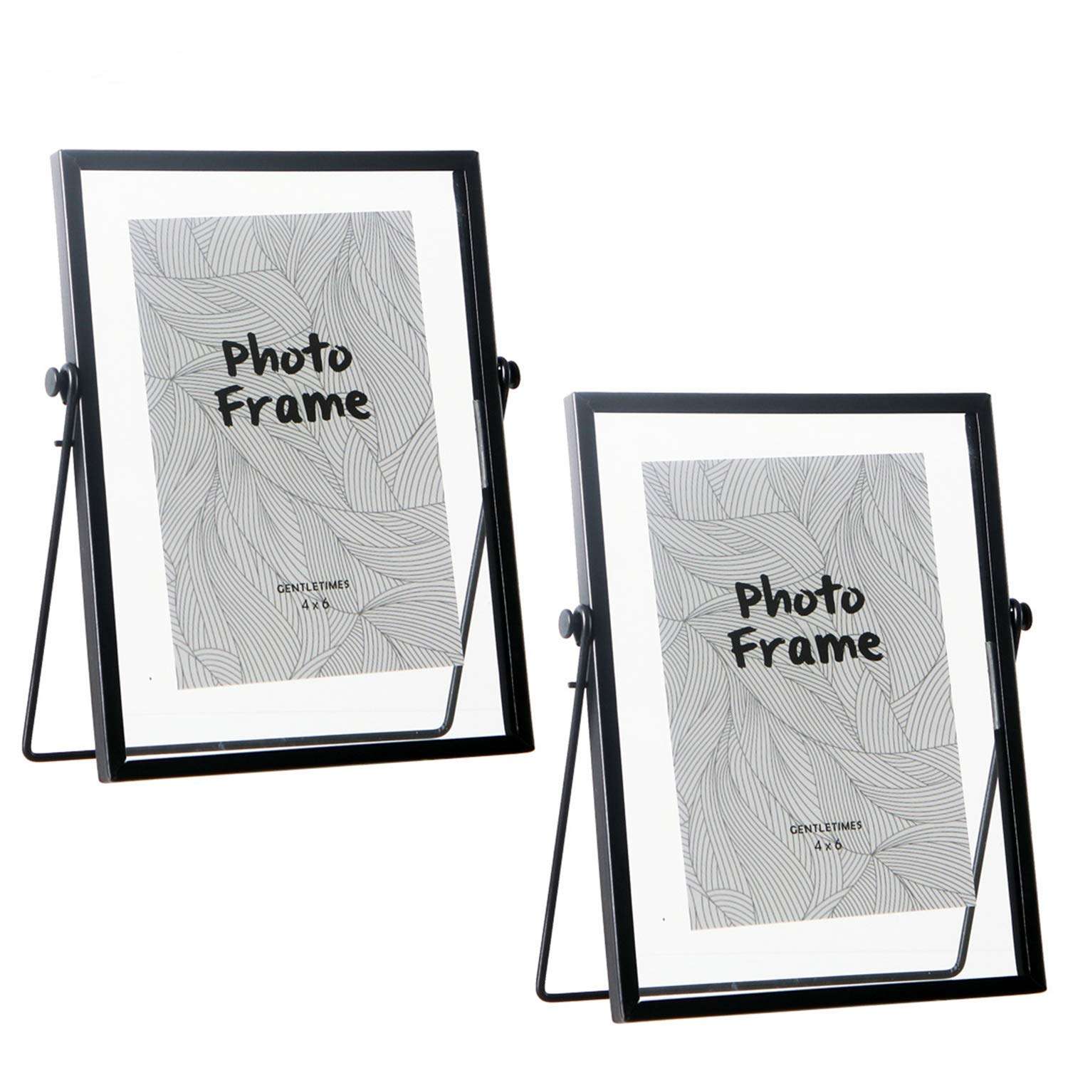 XIAOHONG 2 Pack 4x6 Metal Floating Glass Picture Frame with Metal Easel (Vertical), Simple Metal Geometric Picture Frame for Photos, Art, Tabletop Display (Black) 1