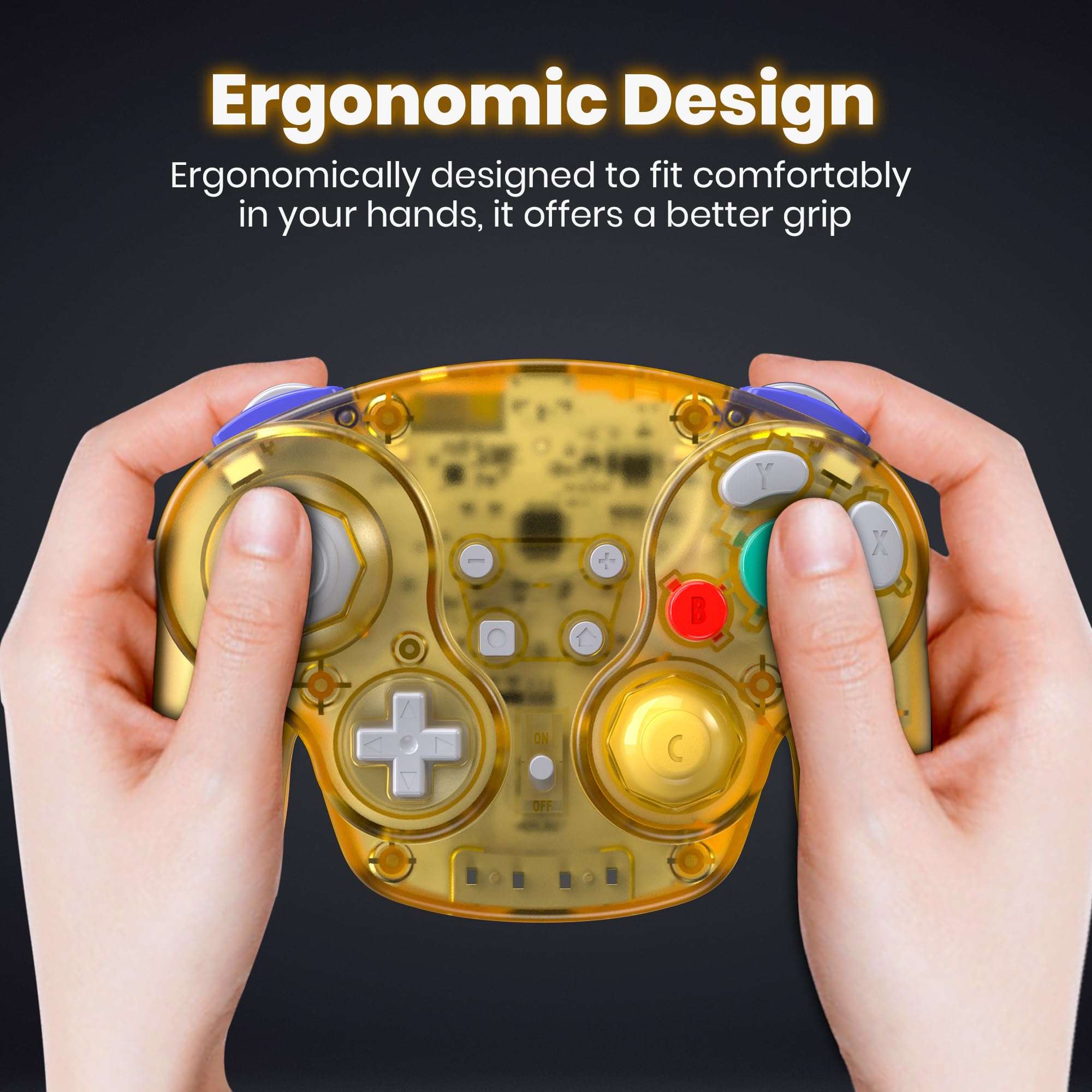 2.4 GHz Wireless GameCube Switch Pro Controller, for NGC GameCube Console, Switch/Switch OLED, PC, Steam Deck (Built-in Rumble) (Rechargeable) (Plug and Play) Clear Yellow 6