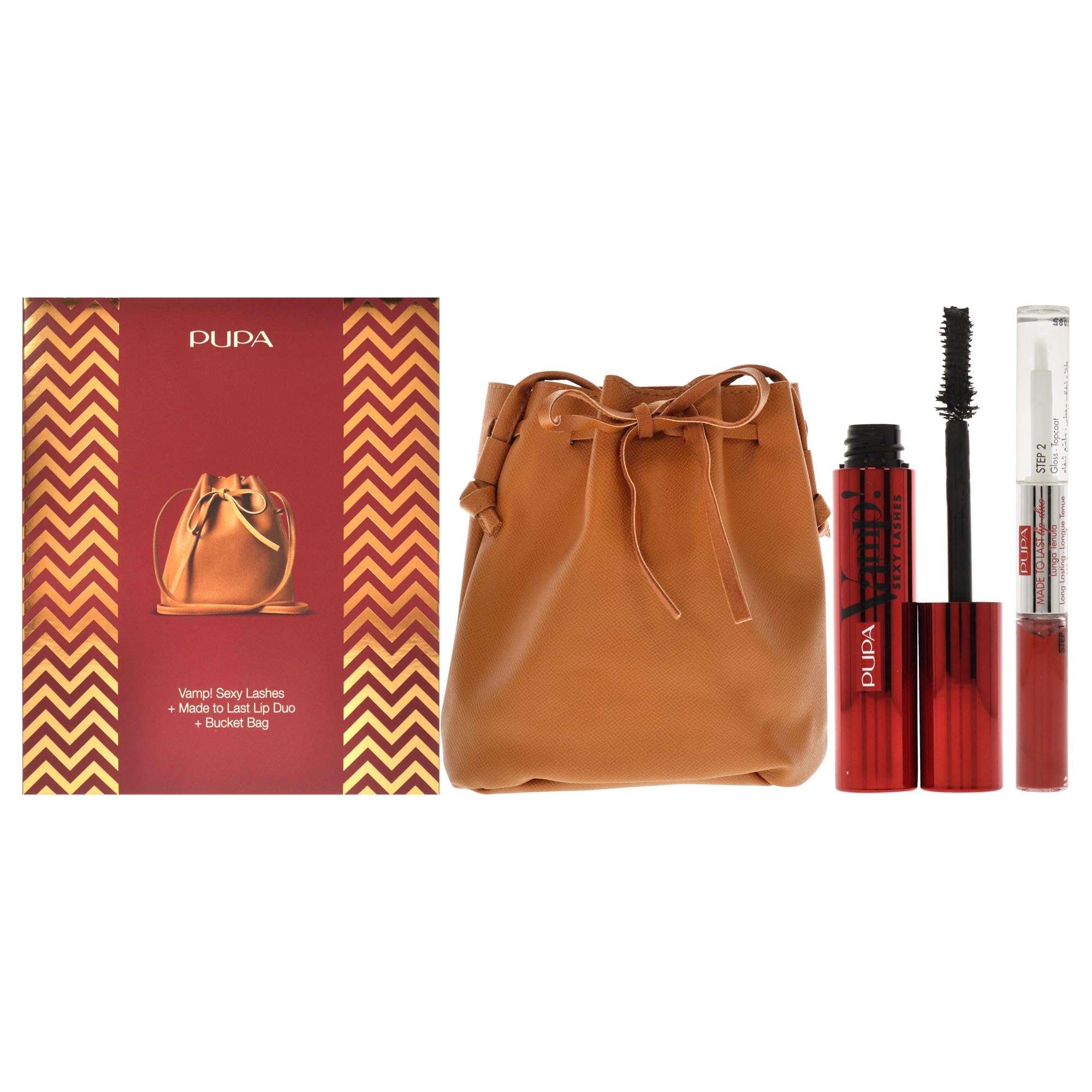 PUPA Milano Vamp! Sexy Lashes And Made To Last Lip Duo Set - Lengthens And Separates Lashes - Defines Lips, Adds Color And Shine - Paraben-Free Formula - Mascara, Lipstick And Bag - 3 Pc Mascara Kit
