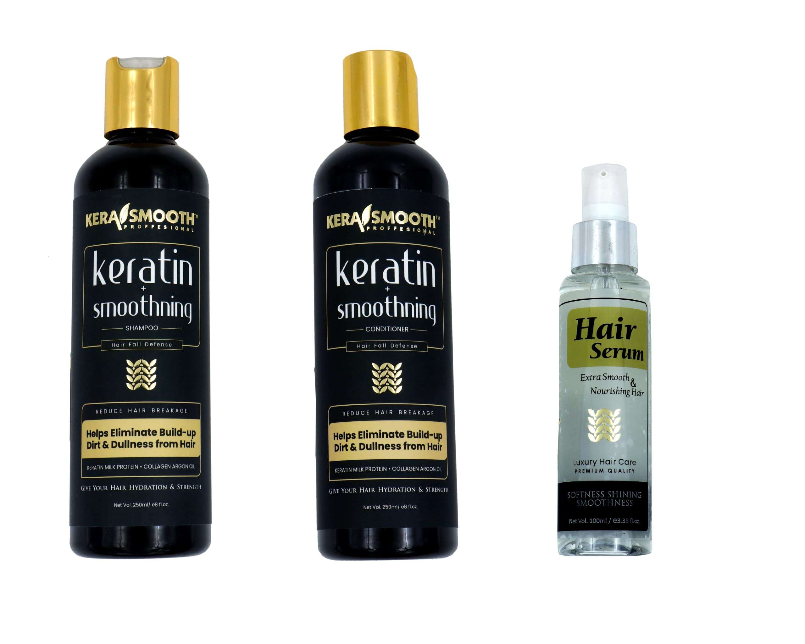 Kera Smooth Keratin + Smoothning Shampoo 250ml & Keratin Smoothning Conditioner 250ml & Hair Serum 100ml Hair Fall Defense & Reduce hair Breakage 1