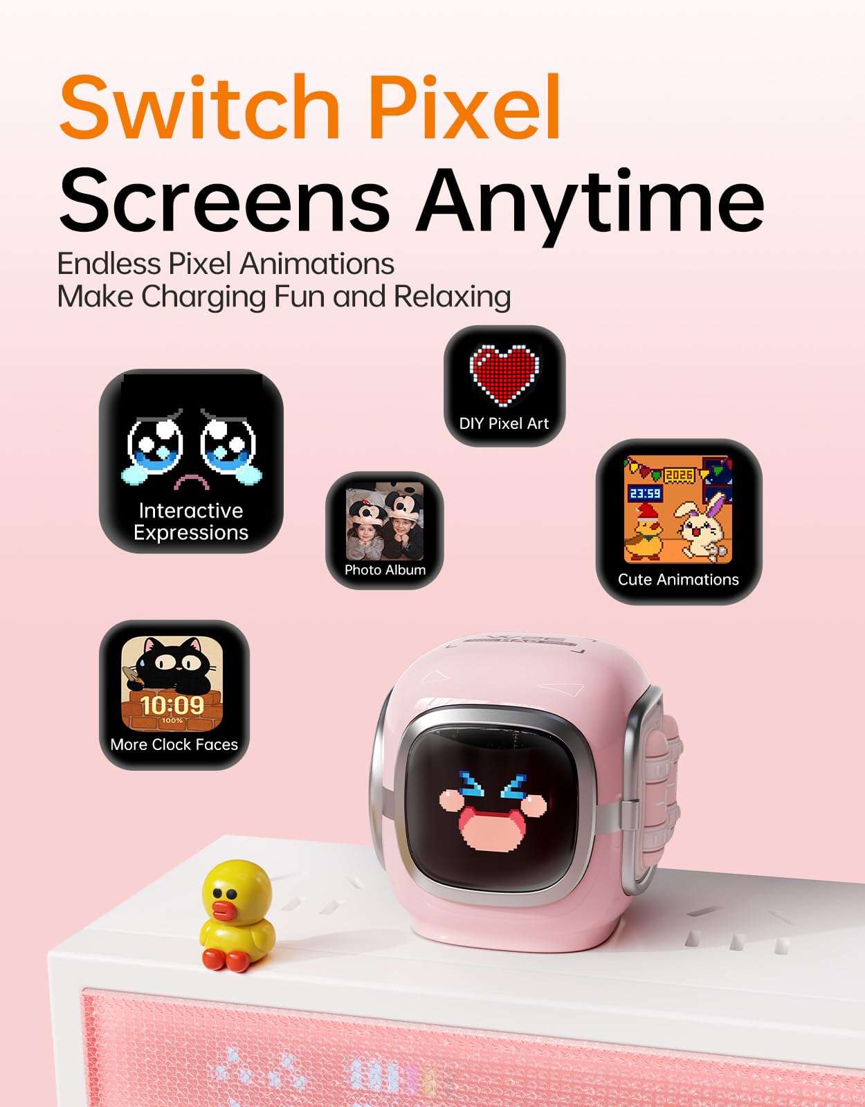 Divoom Dipow 35W, 2026 New USB C Charger Block, Fast GaN Charger with Pixel Screen, Cute Foldable Compact Power Adapter for iPhone 17/16, Galaxy S25/S24, Pixel 9/8, MacBook Air, iPad Pro (Pink) 4