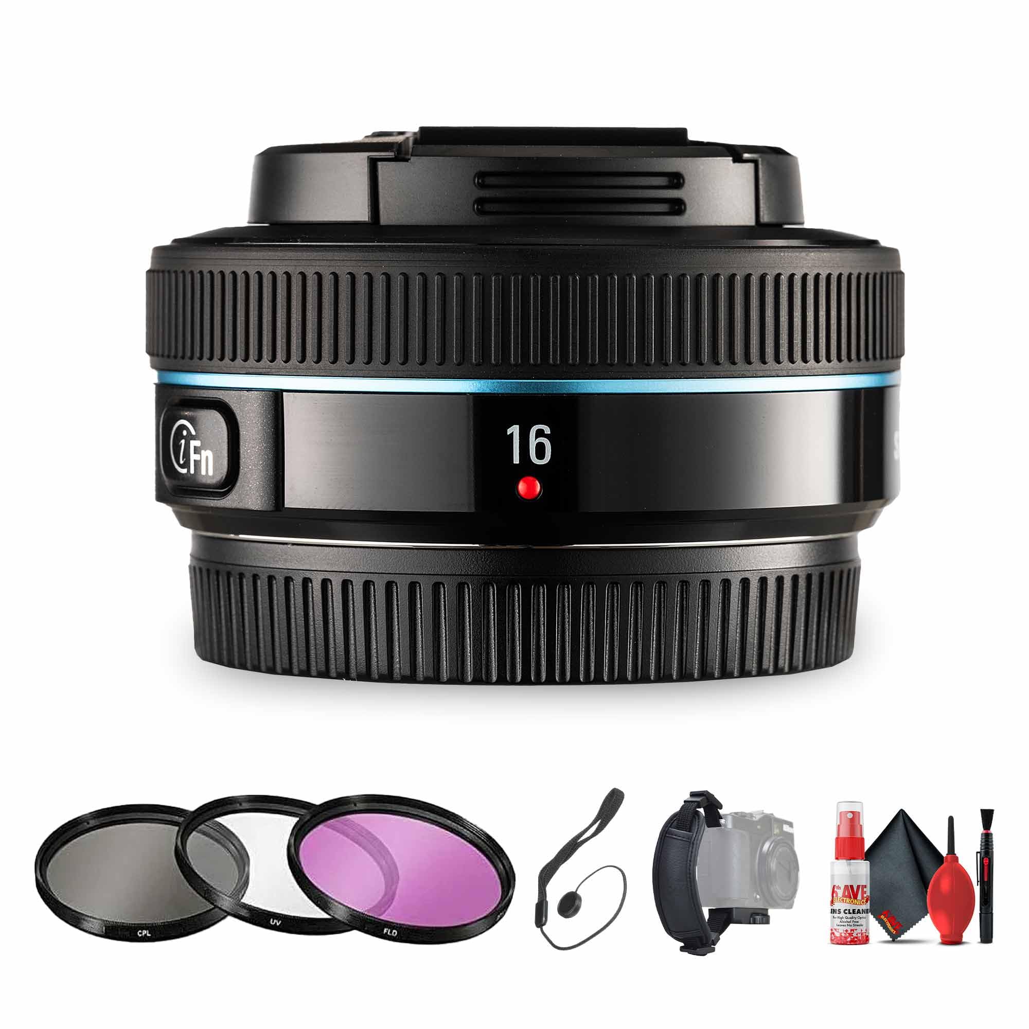 Samsung 16mm F/2.4 (Black) Bundle Including: 3 Piece Filter Kit, Cleaning Kit, Hand Strap, Lens Cap Keeper 1