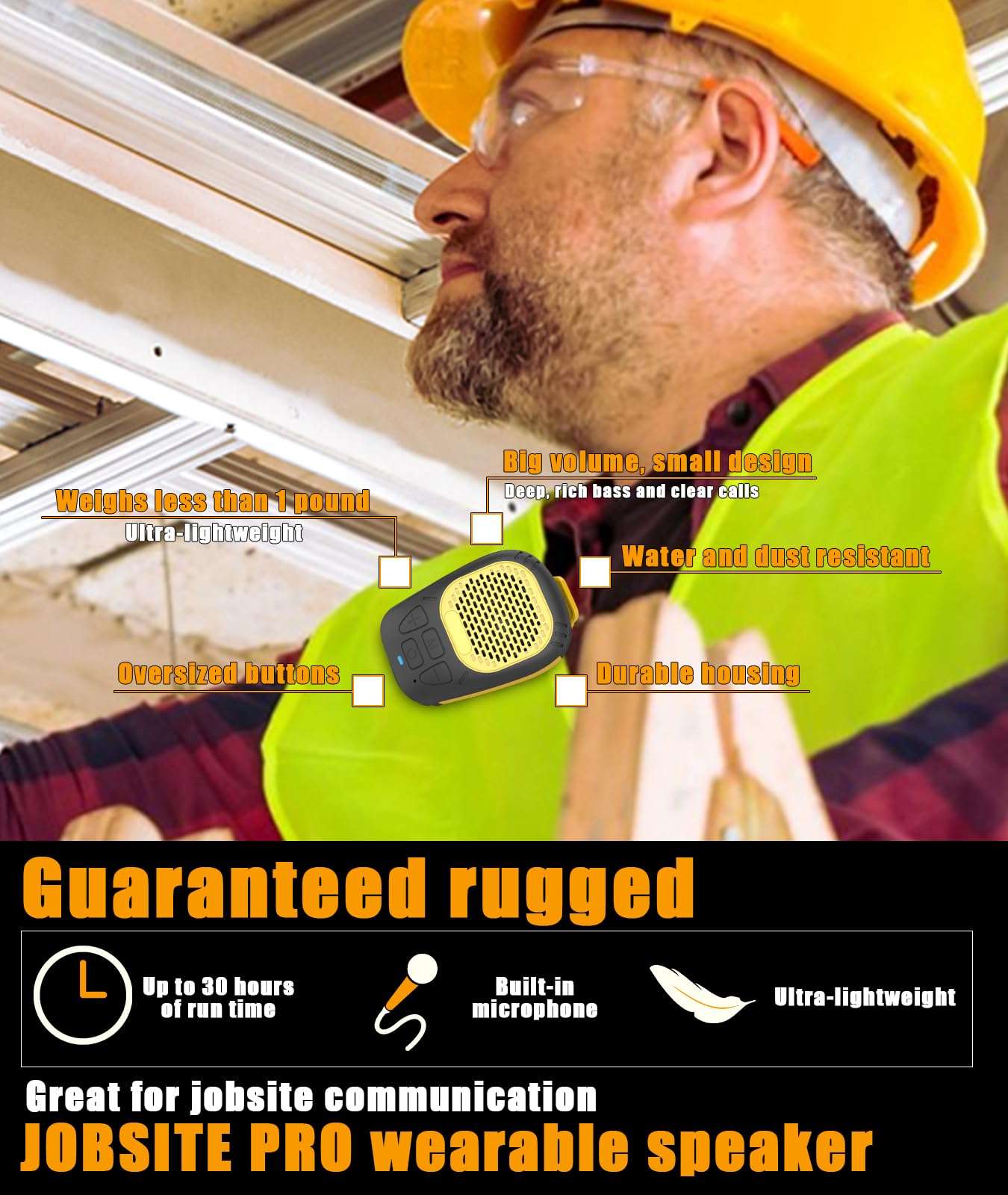 Wearable Bluetooth Speaker (Updated Version), Water-Resistant Portable Speaker Bluetooth with 30H Playtime, Hands-Free Calls, Magnetic Clip for Construction, Suitable for Indoor & Outdoor Use-Yellow 3