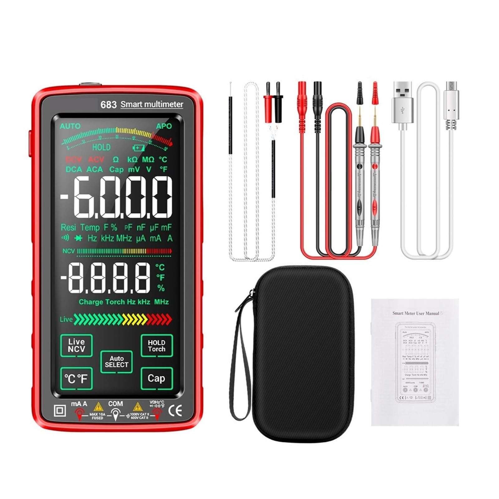 LIBODD Smart Digital Multimeter Rechargeable Capacitance Meter Ohm Diode Tester 6000 Counts AC/DC Measuring Tools(683 Red) 1