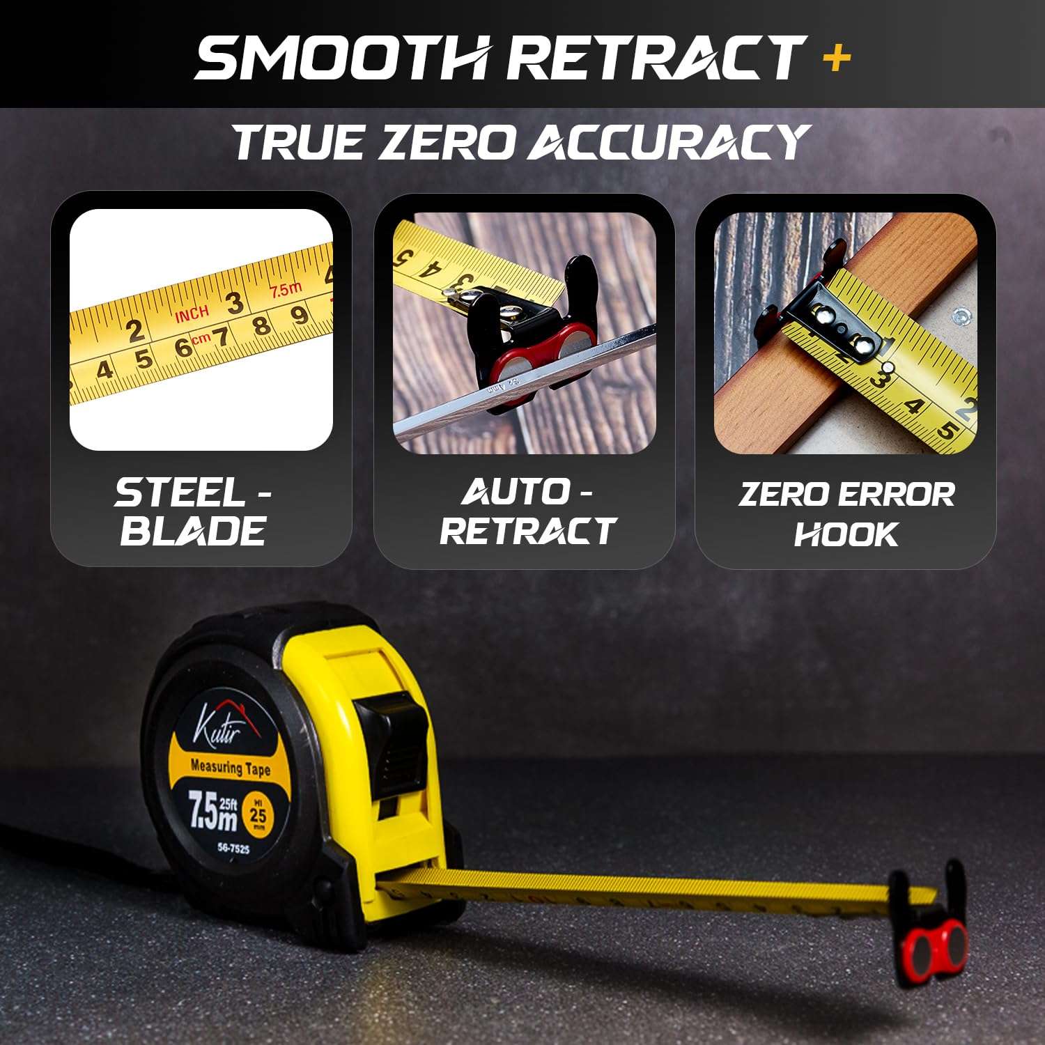 Kutir 25-Ft Tape Measure with Magnetic Hooks, Fraction Markings, Steel Retractable, Both Side Ruler, Easy to Read Measuring Tape, Shock Absorbent Rubber Case 5