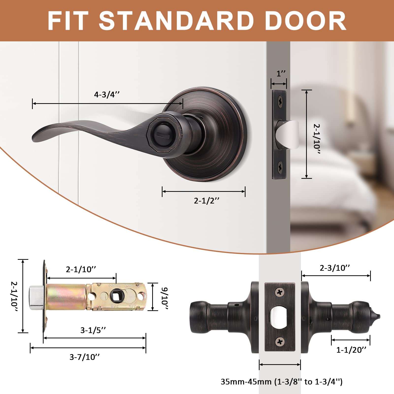 Probrico (5 Pack Privacy Door Lever[Thumb Turn Lock on The Inside],Locking Door Handle Set for Bedroom & Bathroom Doors,Keyless Oil Rubbed Bronze Wave Door Lock, Reversible Right & Left Side Handed 4