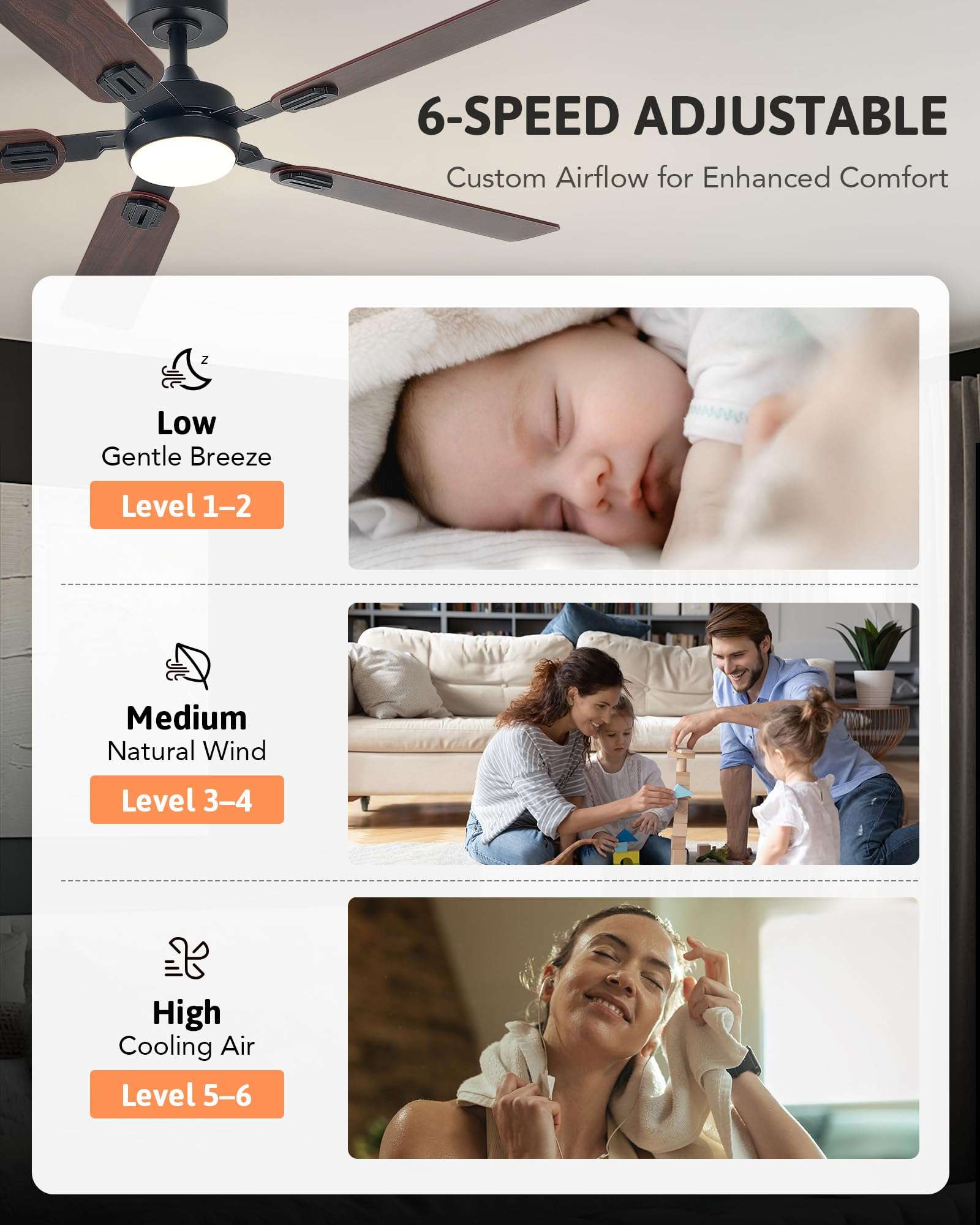 VONLUCE Ceiling Fans with Lights and Remote, 52" Ceiling Fan with 5 Blades, 6-Speeds Noiseless Reversible DC Motor for Farmhouse Bedroom Indoor, Walnut 4