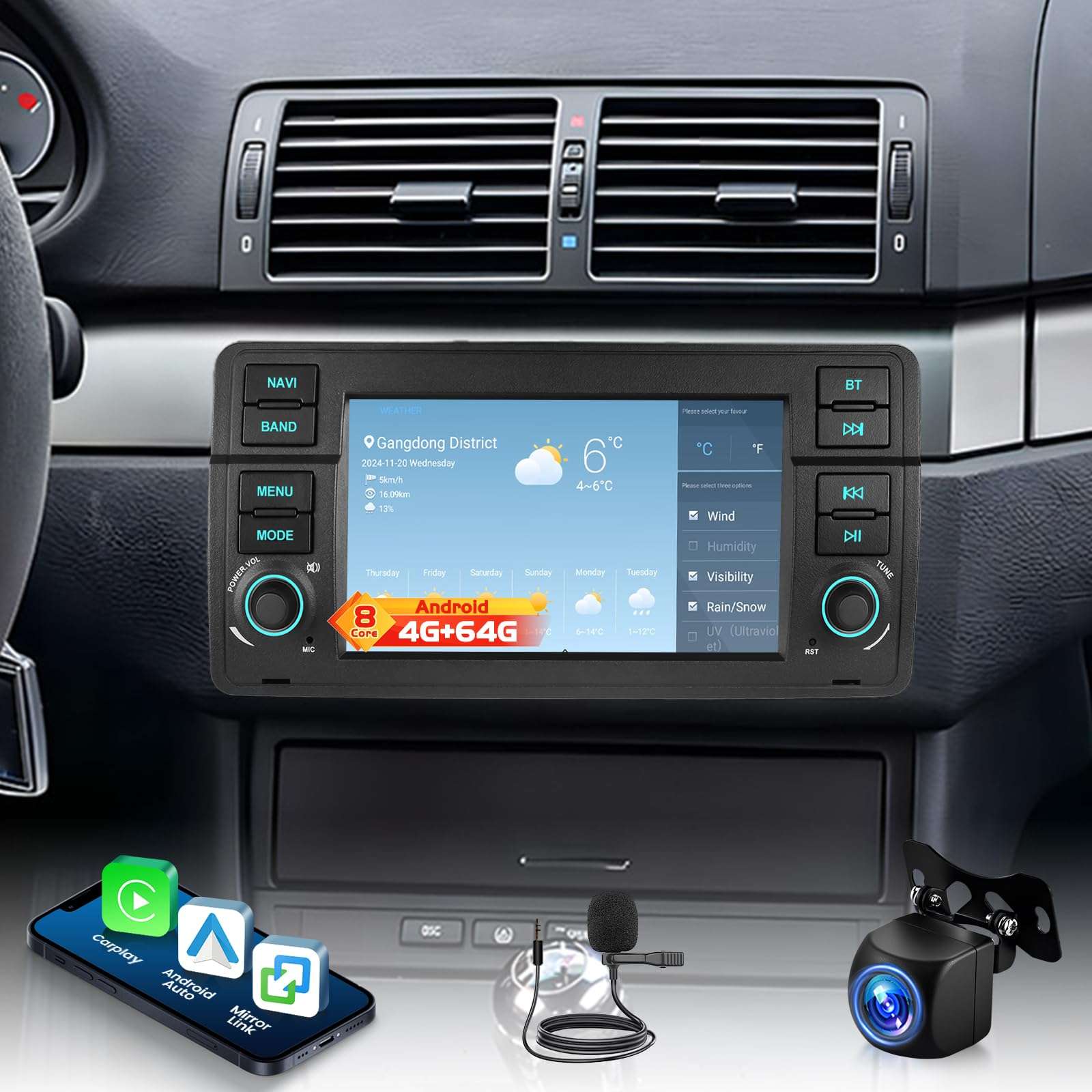 8-Core [4+64] Car Radio for BMW 3 Series 330i 330ci 328i 325ci 318i E46 M3 1999-2006, Volxcereo 7 inch Android Touchscreen Stereo with Carplay/Android Auto, GPS, WiFi, Bluetooth 5.0, SWC 1