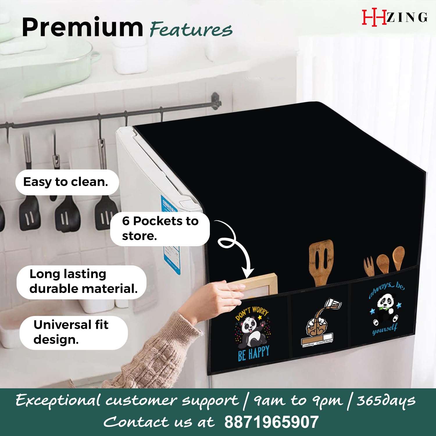 Hizing Anti Dust & Stain Free Waterproof Fridge Top Cover with 6 Utility Pockets Good for Top Double Door Solid Dont Worry/Createavity/Be Yourself Print (Black) 6