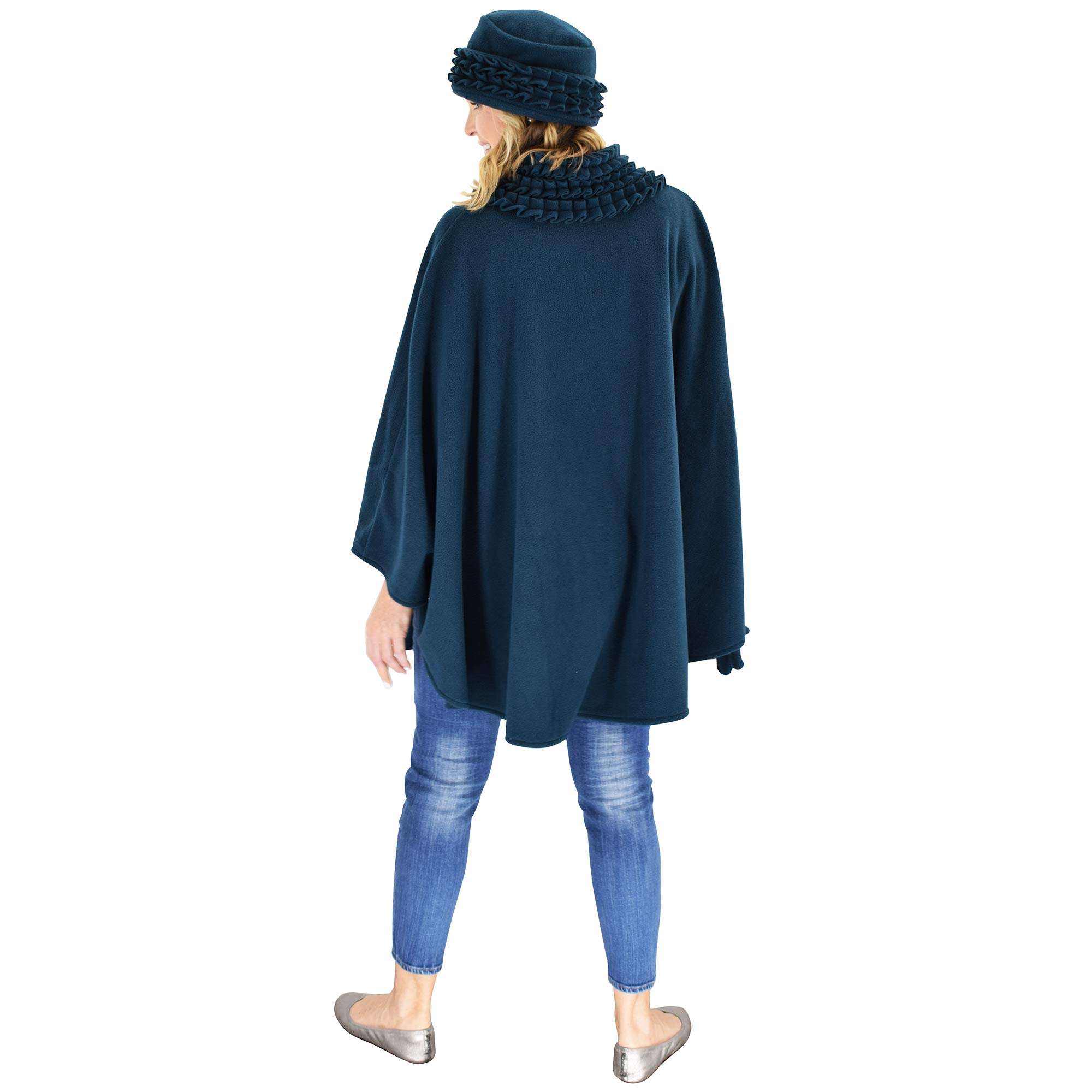 Le Moda Women's Ruffle Trim Polar Fleece Wrap with Matching Gloves and Hat | Winter Collection | One Size Fits All (Teal Blue) 6