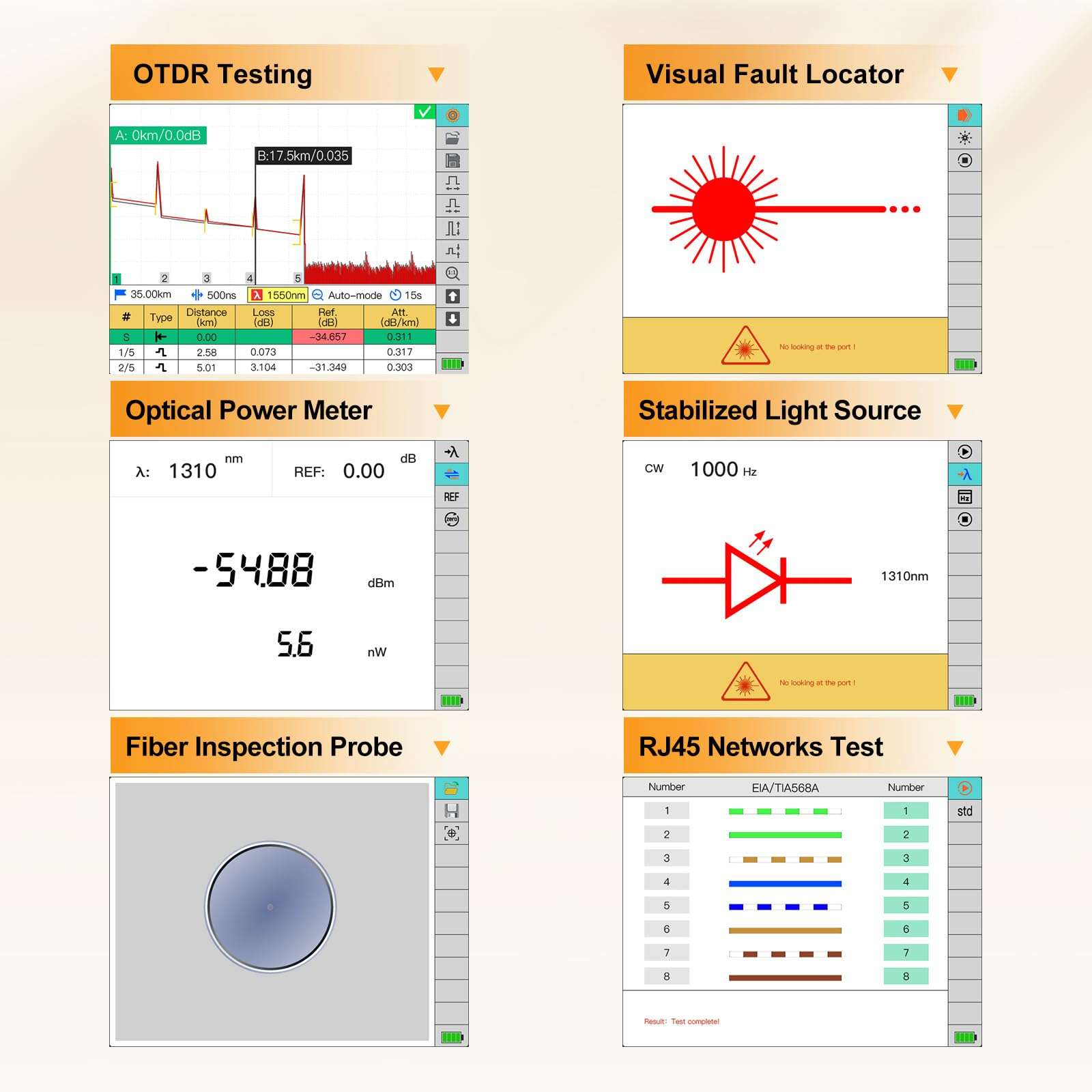 KOMSHINE 1310/1550nm 32/30dB Singlemode OTDR QX55 w/VFL Power Meter OPM SM Light Source + Link Map 1:16 Splitters + RJ45 Networks + Fiber Microscope Inspection Probe 400times for CAT5 CAT6 4
