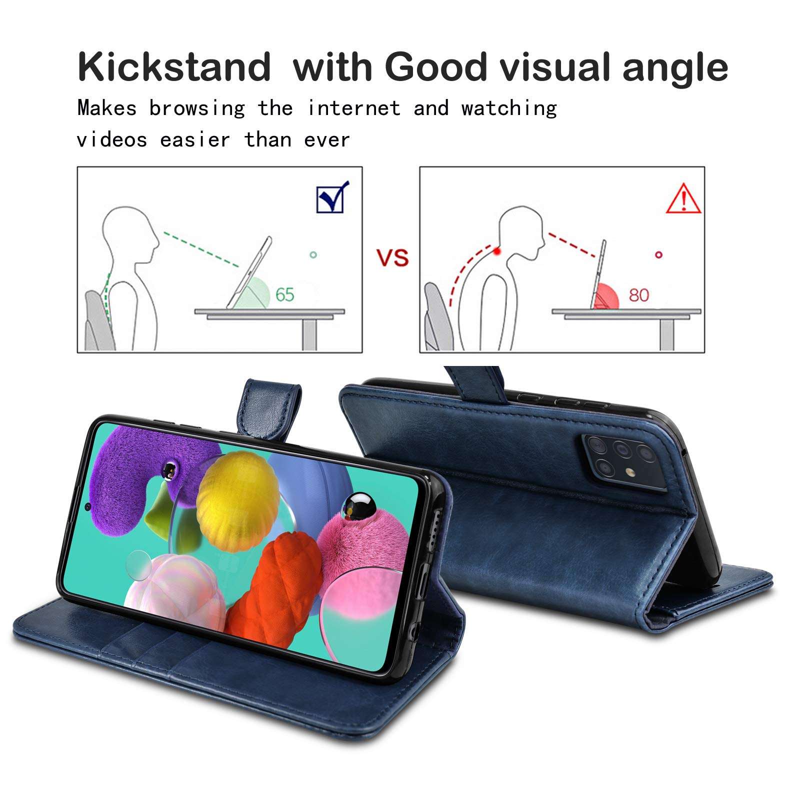 Njjex Samsung Galaxy A71 5G Case, For Galaxy A71 5G Wallet Case, RFID Blocking PU Leather Folio Flip ID Credit Card Slots Holder [Kickstand] Magnetic Closure Phone Cover For Samsung A71 5G [Dark Blue] 3