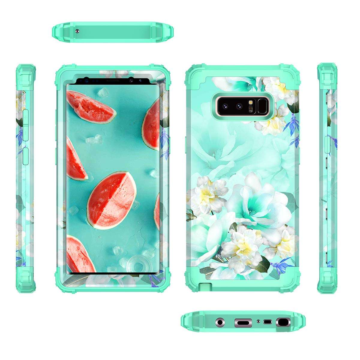 Casetego Compatible with Galaxy Note 8 Case,Floral Three Layer Heavy Duty Hybrid Sturdy Shockproof Full Body Protective Cover Case for Samsung Galaxy Note 8,Green/White 2