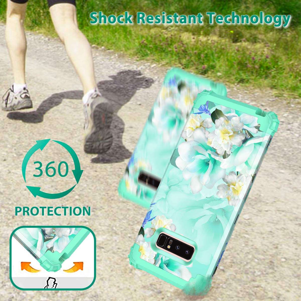 Casetego Compatible with Galaxy Note 8 Case,Floral Three Layer Heavy Duty Hybrid Sturdy Shockproof Full Body Protective Cover Case for Samsung Galaxy Note 8,Green/White 5