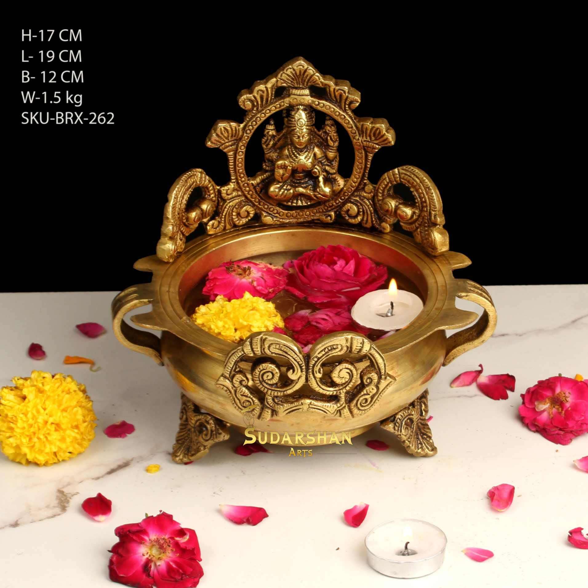 Sudarshan Arts Laxmi Brass Urli Diya lamp with Beautiful Design, Urli Decor, Urli Bowl with Maa Laxmi Idol, Indian Houseware Home and Temple Decor 3