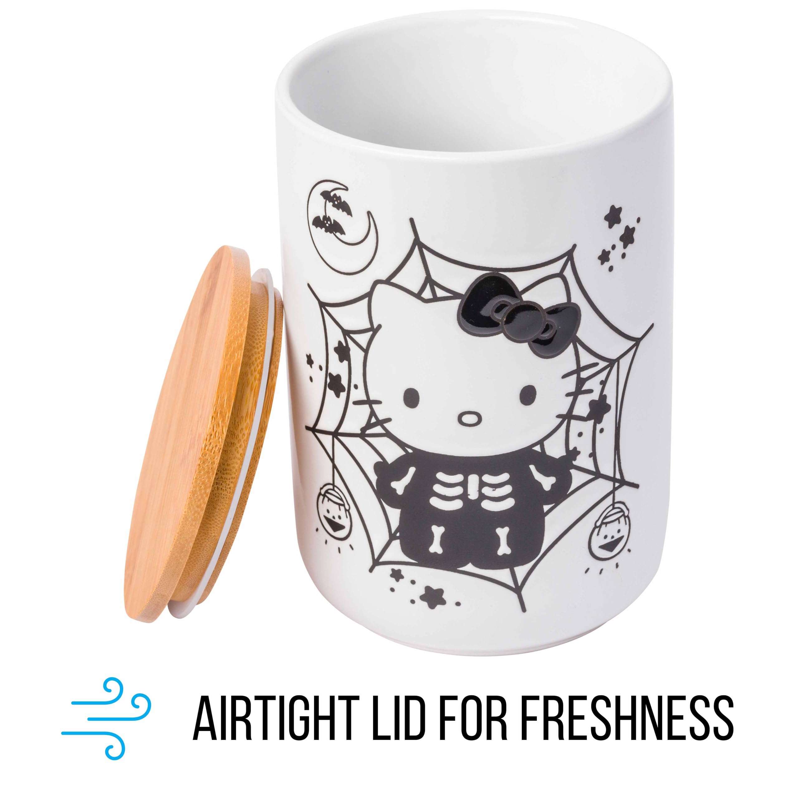 Silver Buffalo Sanrio Hello Kitty Halloween Spooky Skeleton Web Ceramic Cookie Snack Candy Jar with Airtight Bamboo Lid, Black and White (Small) 3