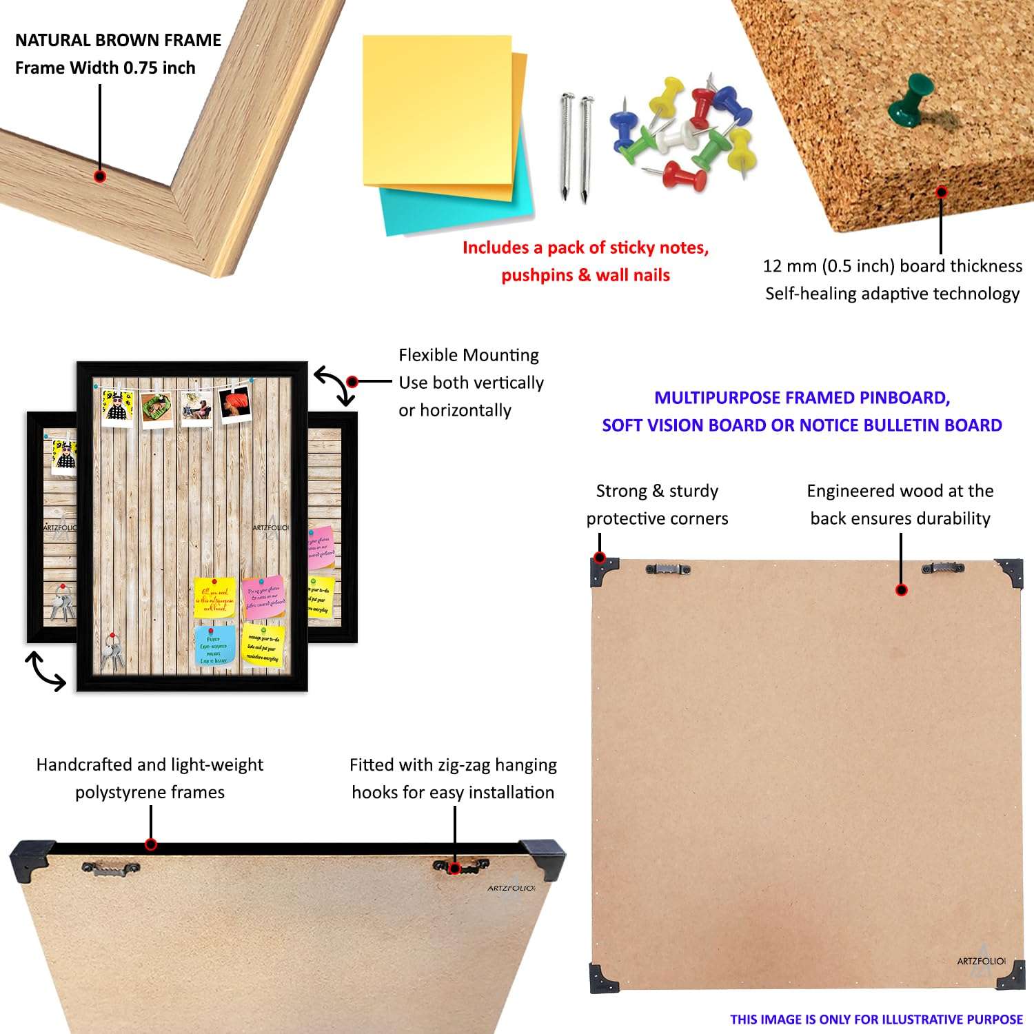 ArtzFolio Cork Board | Bulletin Board Notice Pin Board | Vision Soft Board Combo with Thumb Push Pins & Sticky Notes | Natural Brown Frame | 24 x 12 inch (61 x 30 cms) 6
